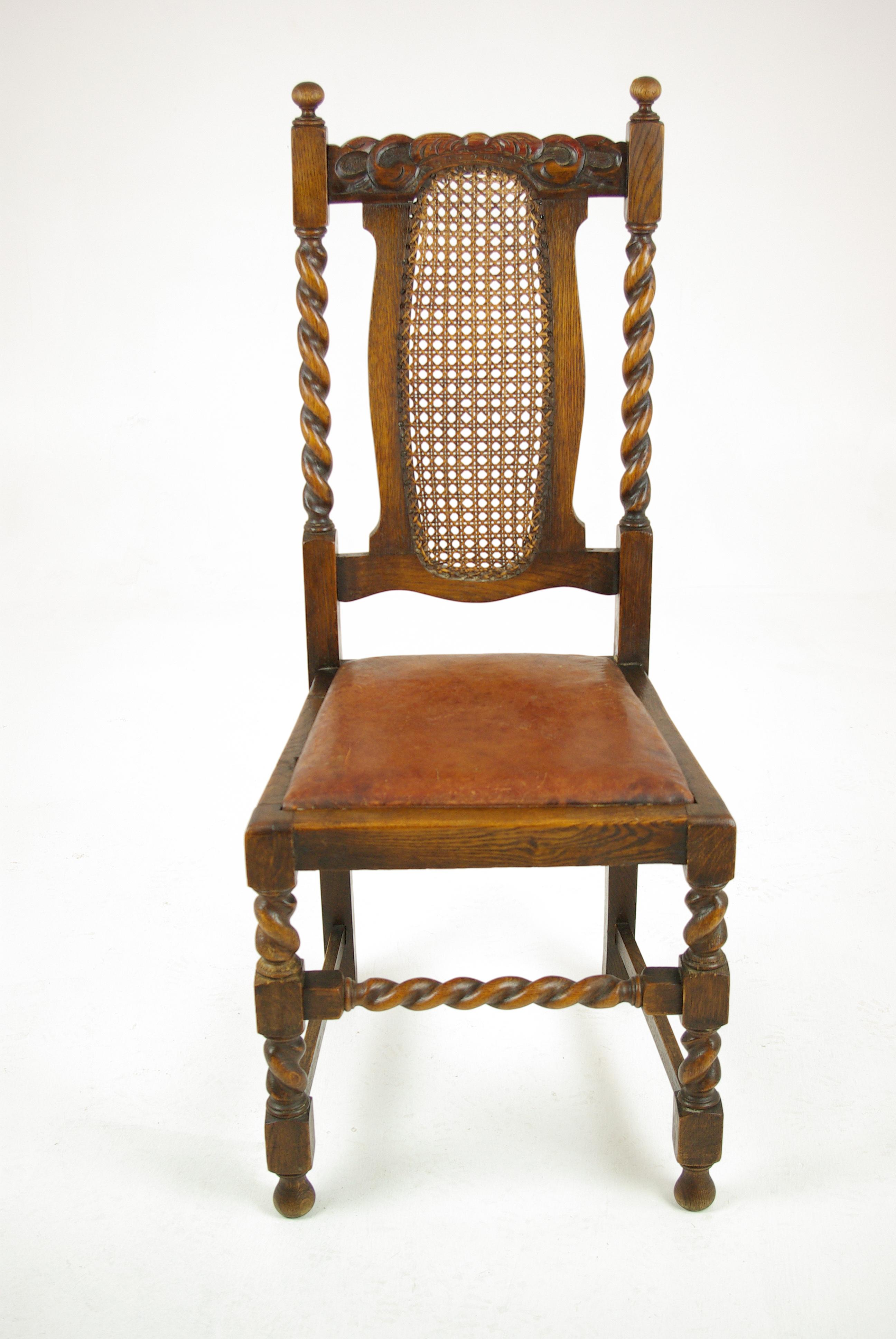 Hand-Crafted 4 Antique Dining Chairs, Barley Twist Chairs, Oak Dining Chairs, 1920