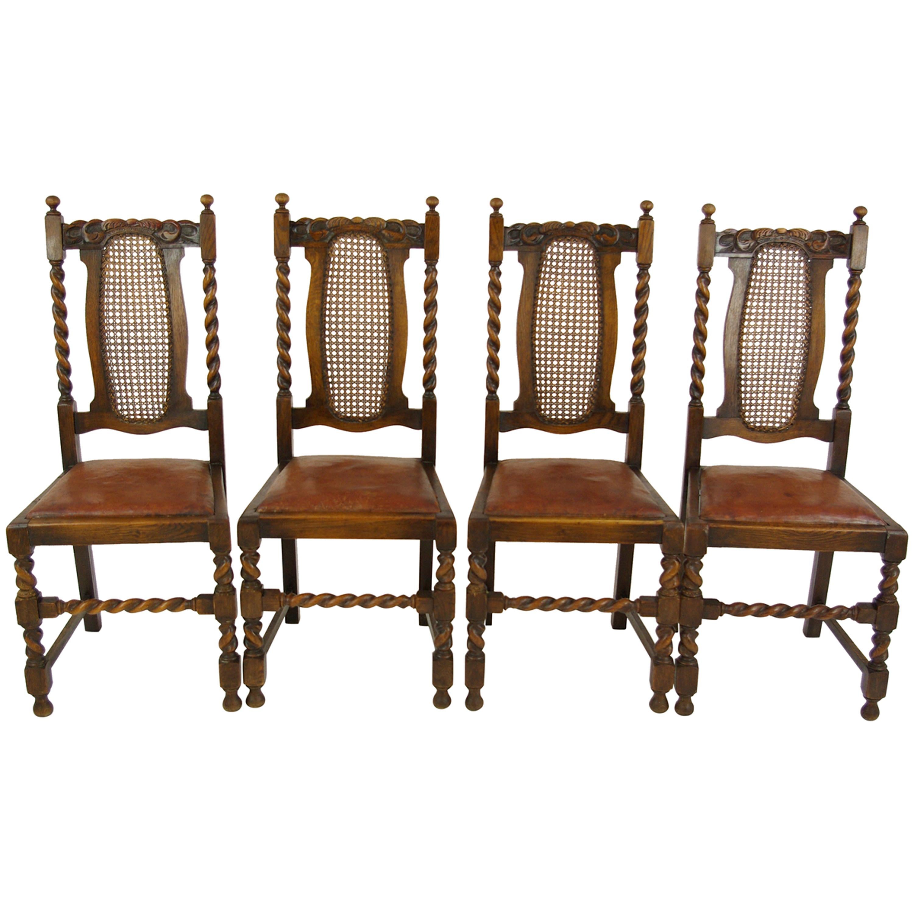 4 Antique Dining Chairs, Barley Twist Chairs, Oak Dining Chairs, 1920