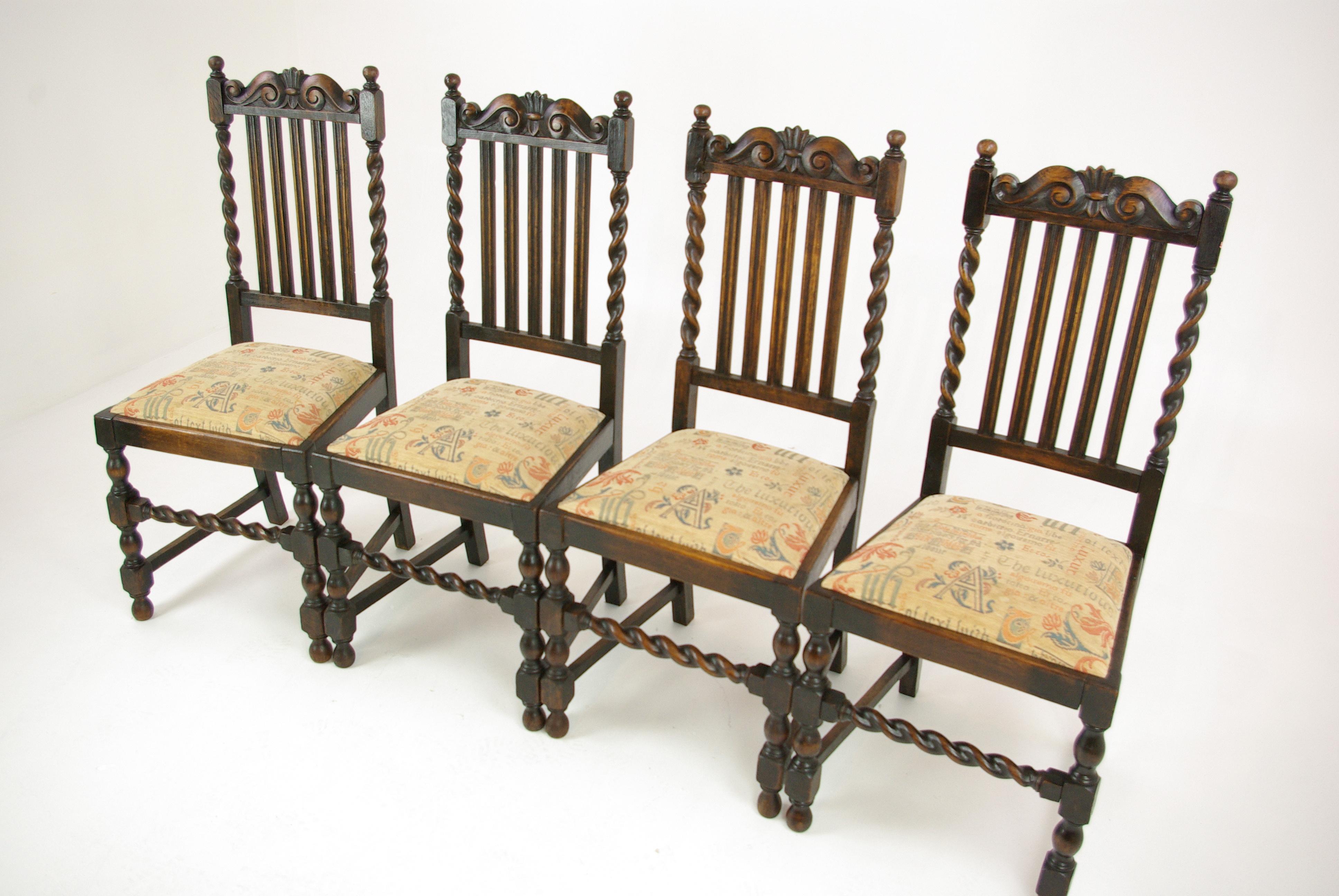 4 antique dining chairs, barley twist oak dining chairs, Scotland, 1920s, Antique Furniture, B1360

Scotland, 1920s
Solid oak construction
Original finish
Carved top rail
Vertical slats below
Supported by barley twist supports
Drop in seat