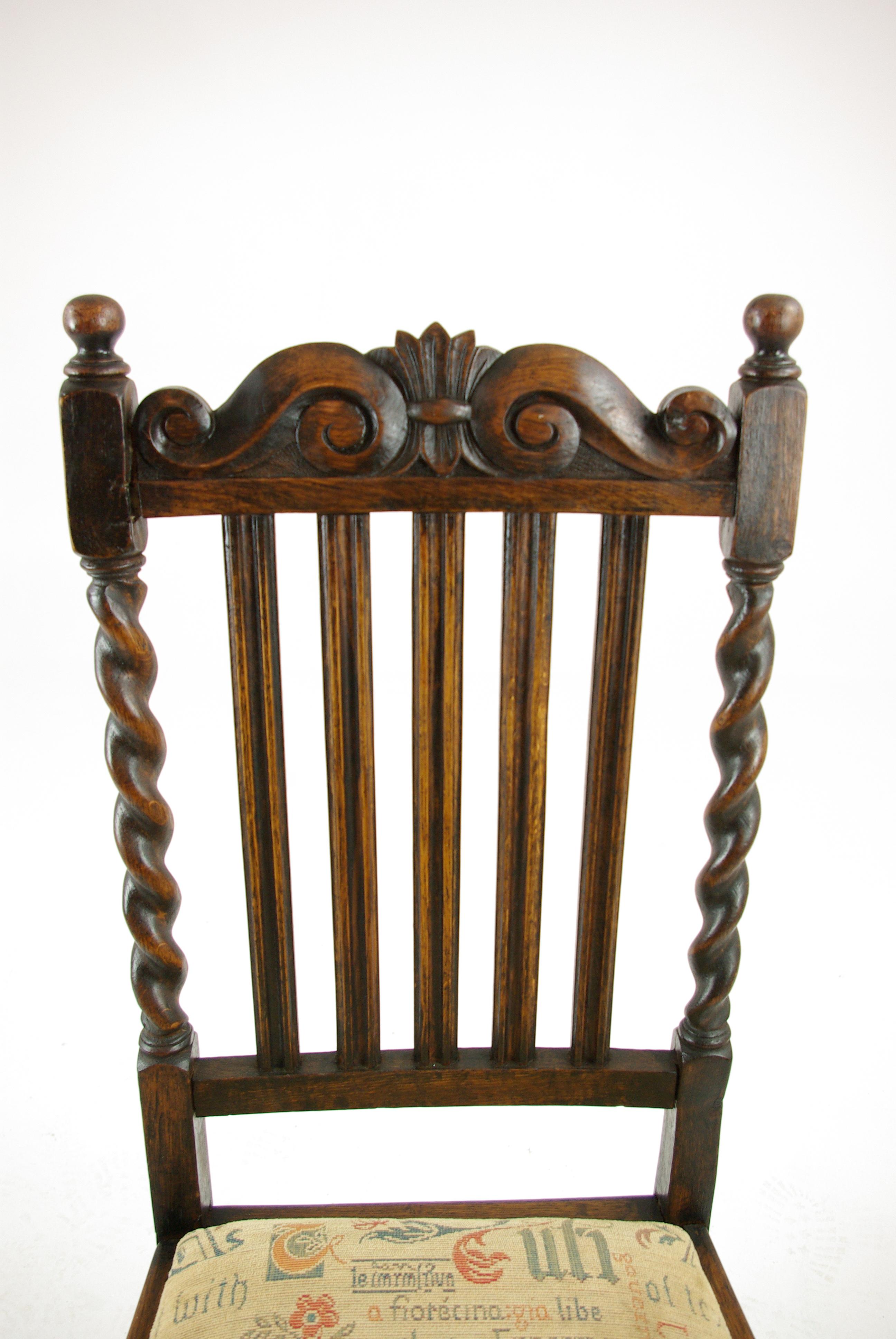 Hand-Carved 4 Antique Dining Chairs, Barley Twist Oak Dining Chairs, Scotland, 1920s