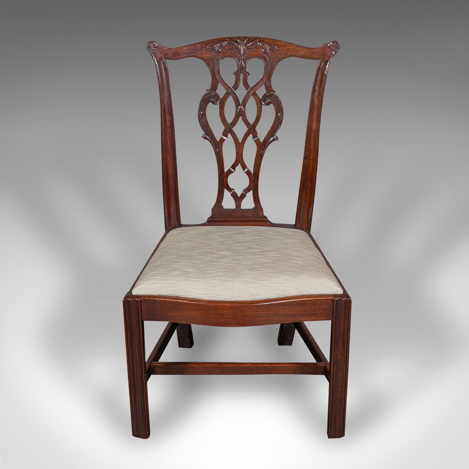 British 4 Antique Dining Room Chairs, English, Seat, After Chippendale, Georgian, C.1800 For Sale
