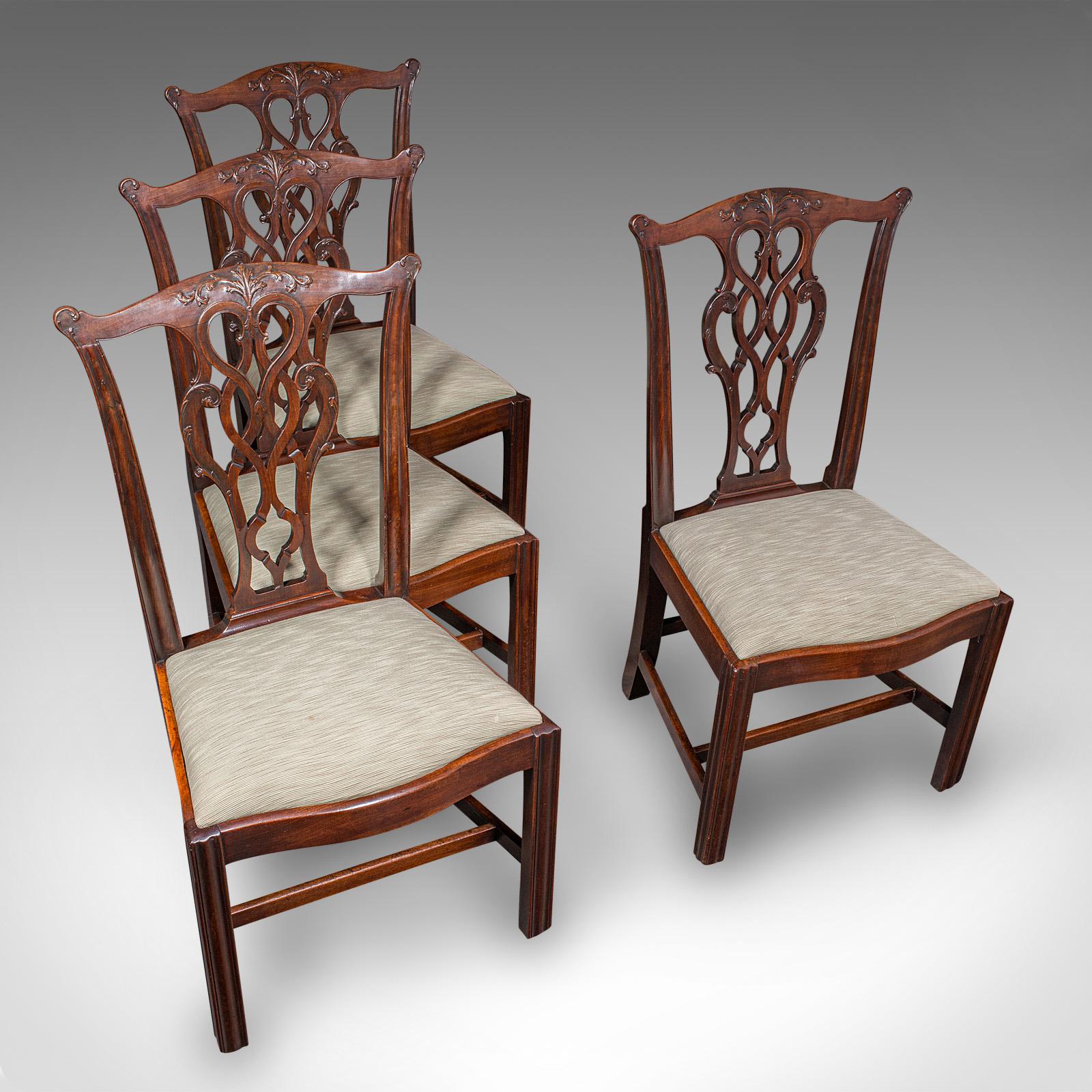 Textile 4 Antique Dining Room Chairs, English, Seat, After Chippendale, Georgian, C.1800 For Sale