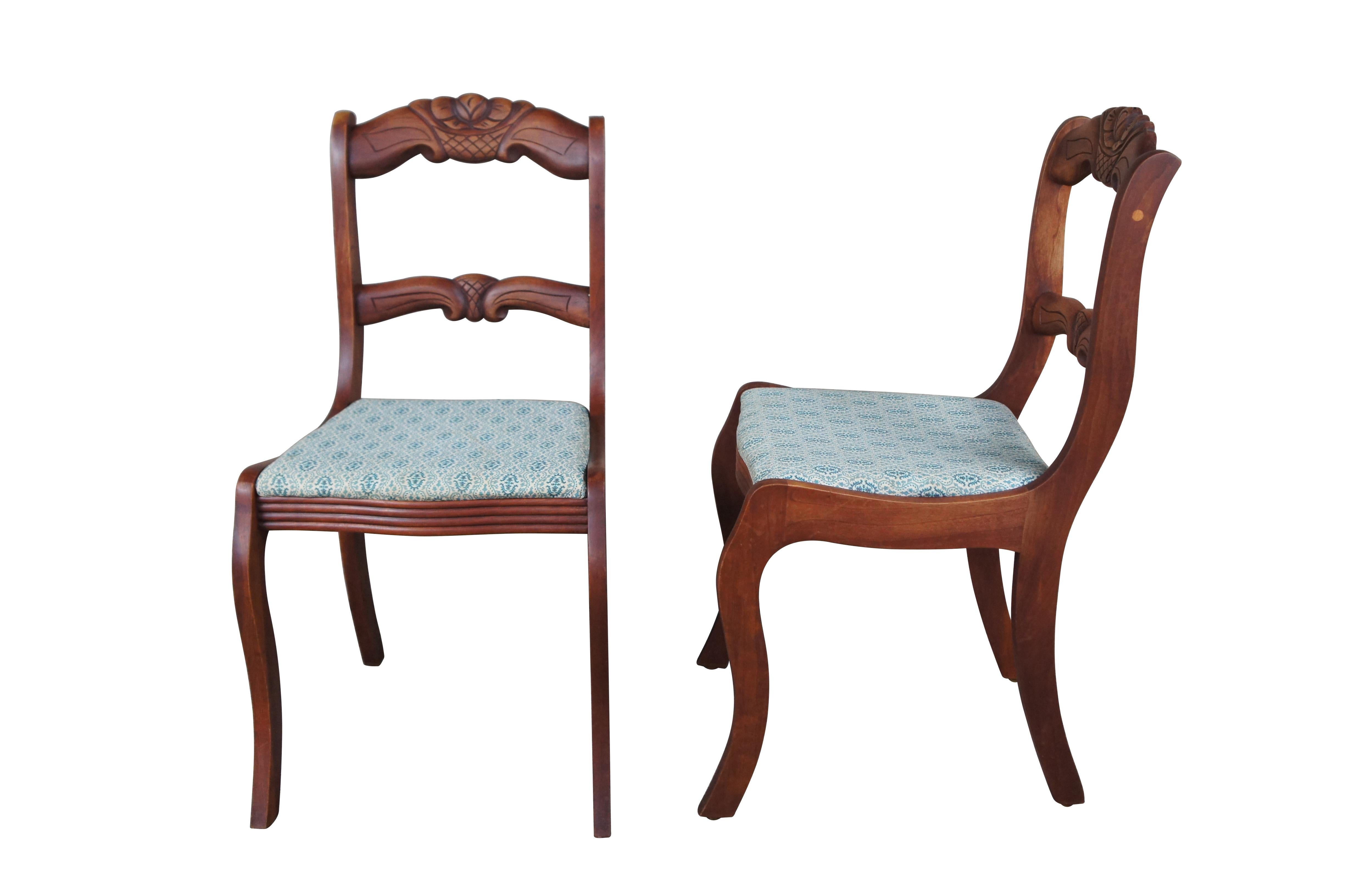 Set of four 1940s Duncan Phyfe Chairs.  Features a cherry frame with serpentine form and carved floral back.  Seats are upholstered with a floral pattern seat.

Dimensions:
18