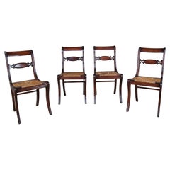 4 chaises d'appoint anciennes de style Regency Duncan Phyfe pour salle à manger à assise en jonc forme de Klismos