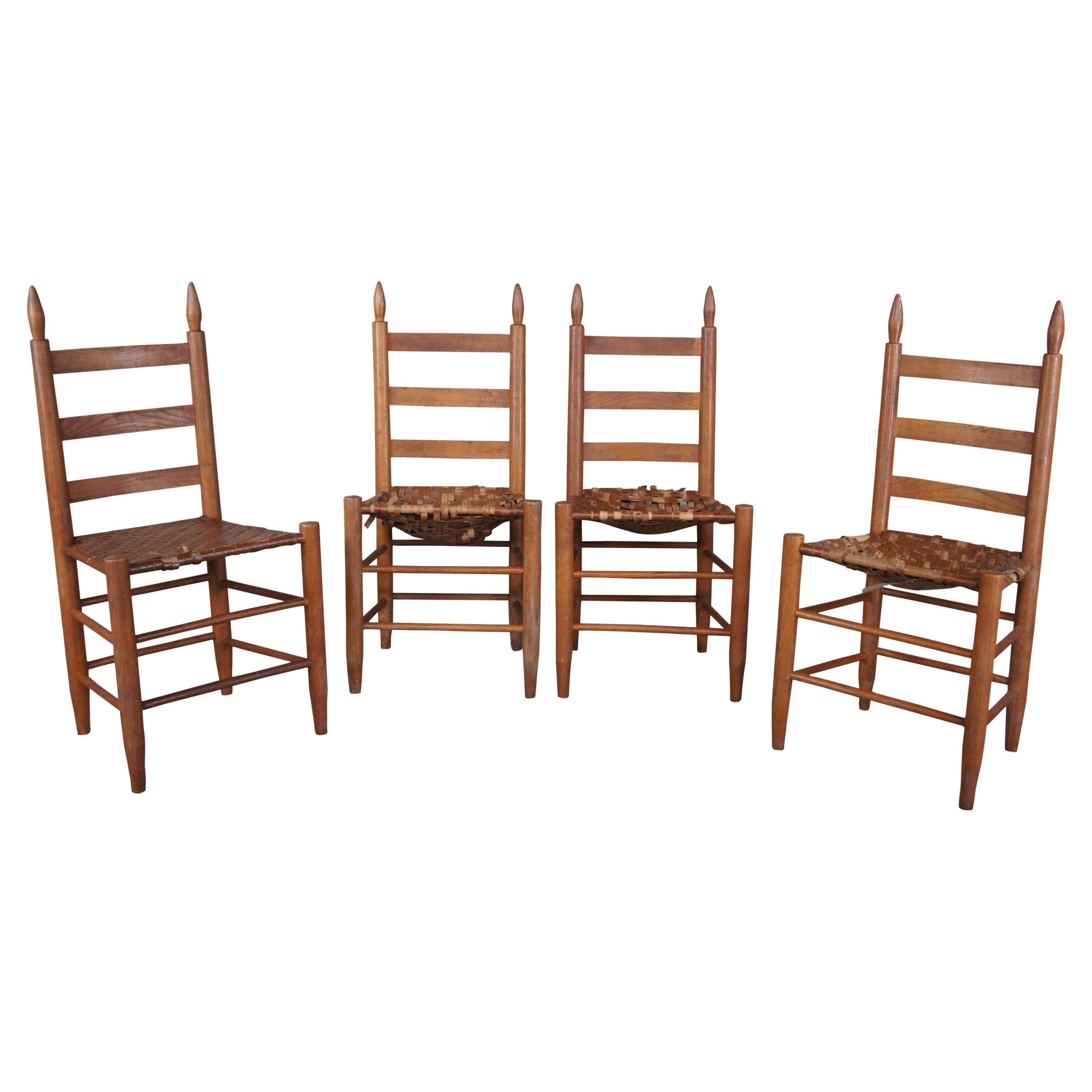 4 Antique Early American Shaker Pine Ladderback Rush Side Dining Chairs