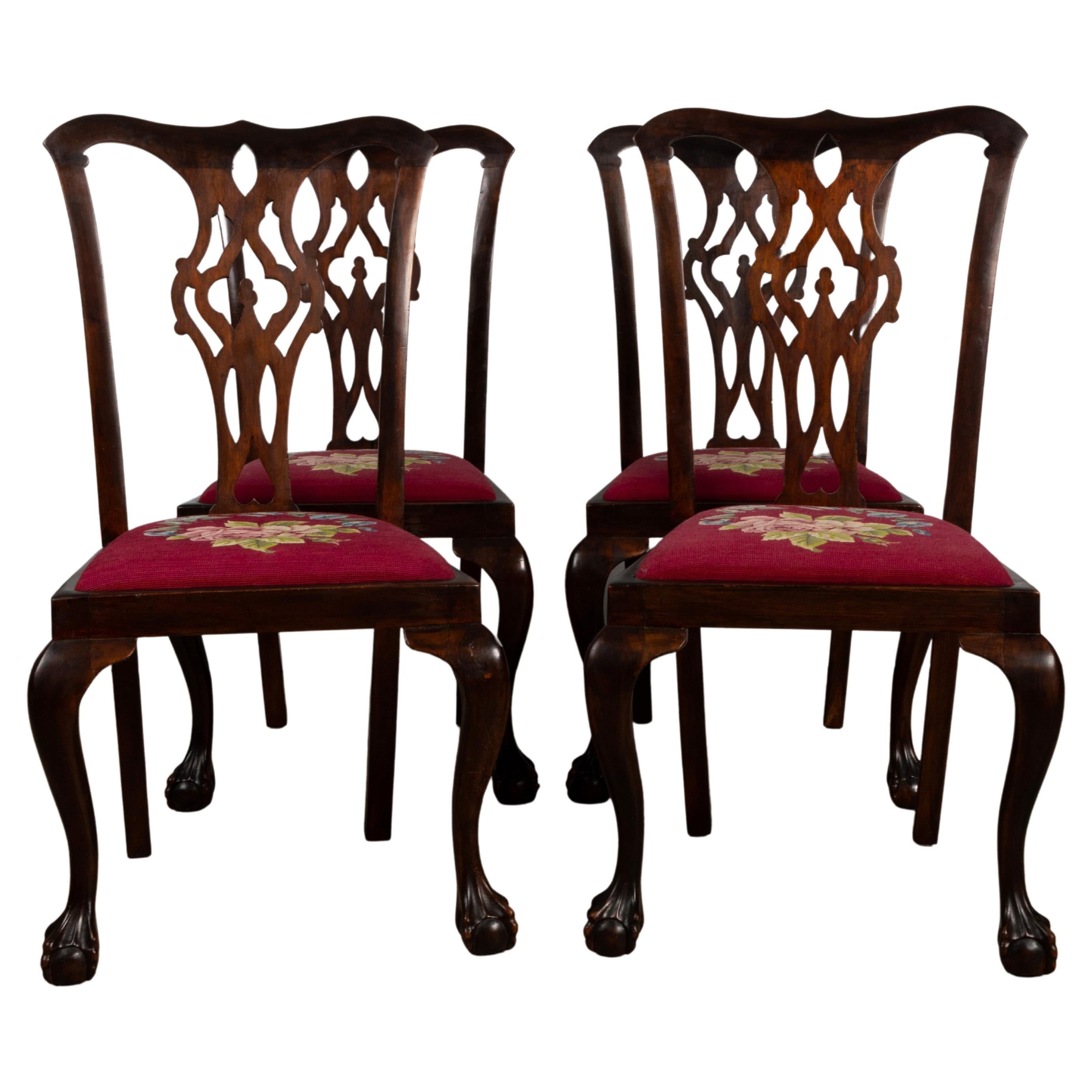 4 Antique English 19th Century Chippendale Revival Mahogany Chairs