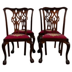 4 Antique English 19th Century Chippendale Revival Mahogany Chairs