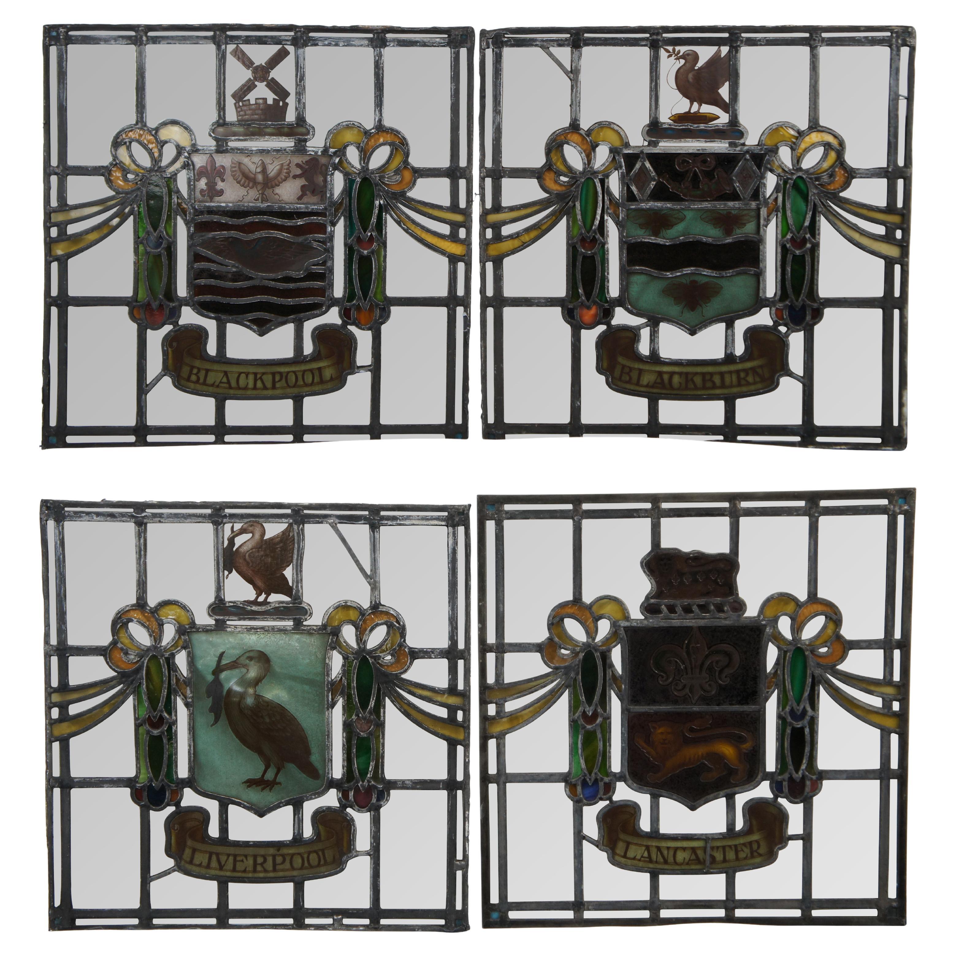 4 Antique English Armorial Heraldic Coat of Arms Leaded Stained Glass Windows