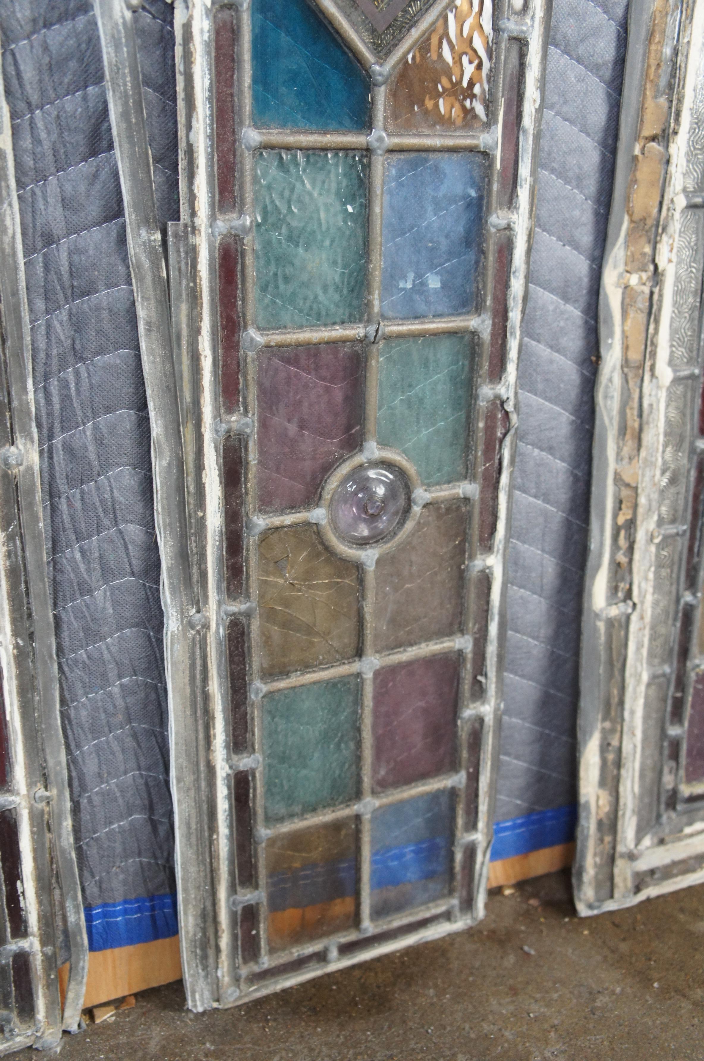 4 Antique English Edwardian Era Hand Painted Arched Leaded Stained Glass Windows For Sale 6