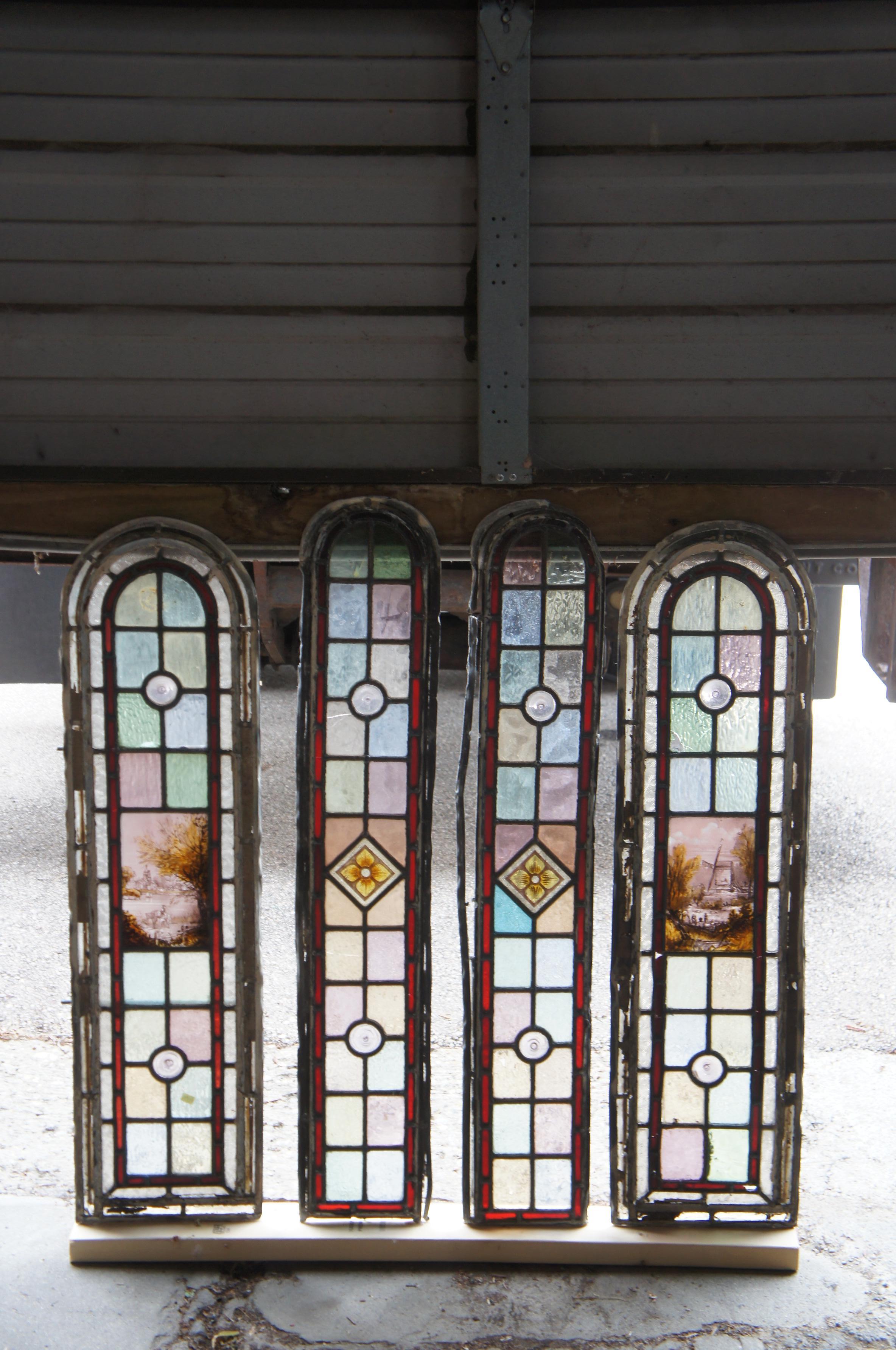 4 Antique English Edwardian Era Hand Painted Arched Leaded Stained Glass Windows For Sale 9