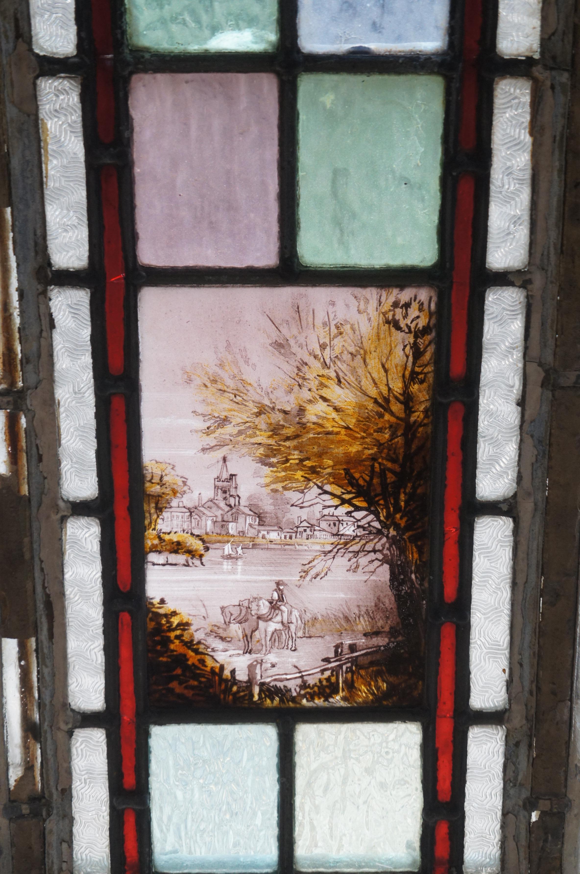 4 Antique English Edwardian Era Hand Painted Arched Leaded Stained Glass Windows For Sale 10