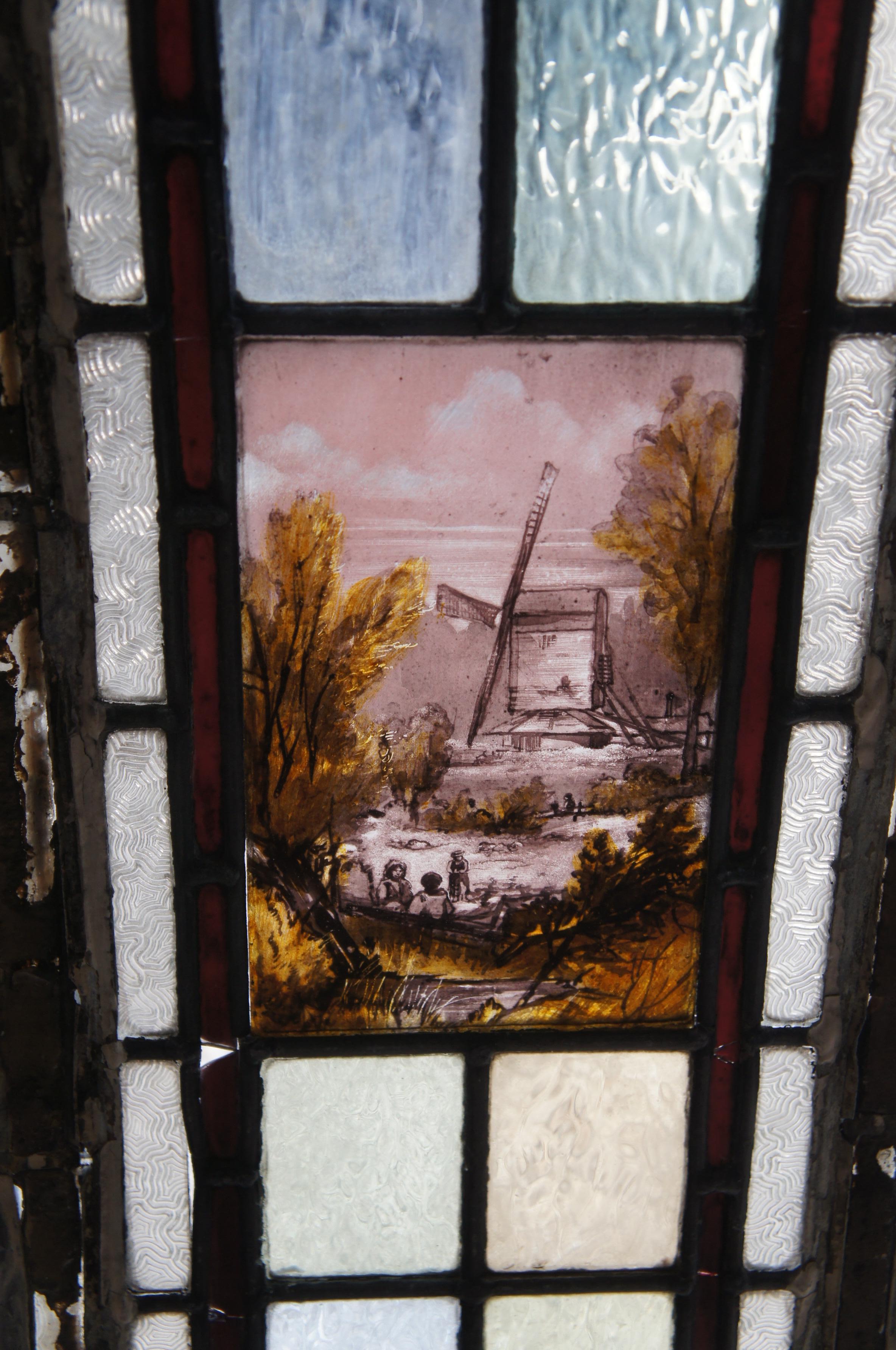 4 Antique English Edwardian Era Hand Painted Arched Leaded Stained Glass Windows For Sale 11