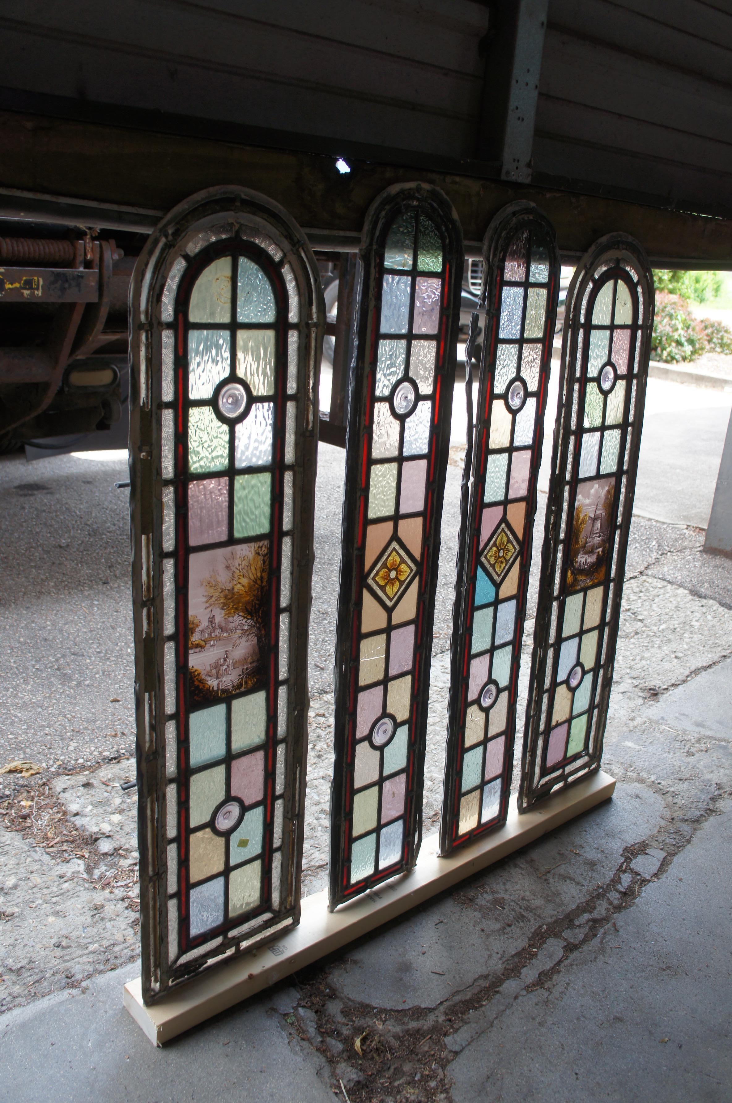 4 Antique English Edwardian Era Hand Painted Arched Leaded Stained Glass Windows For Sale 14