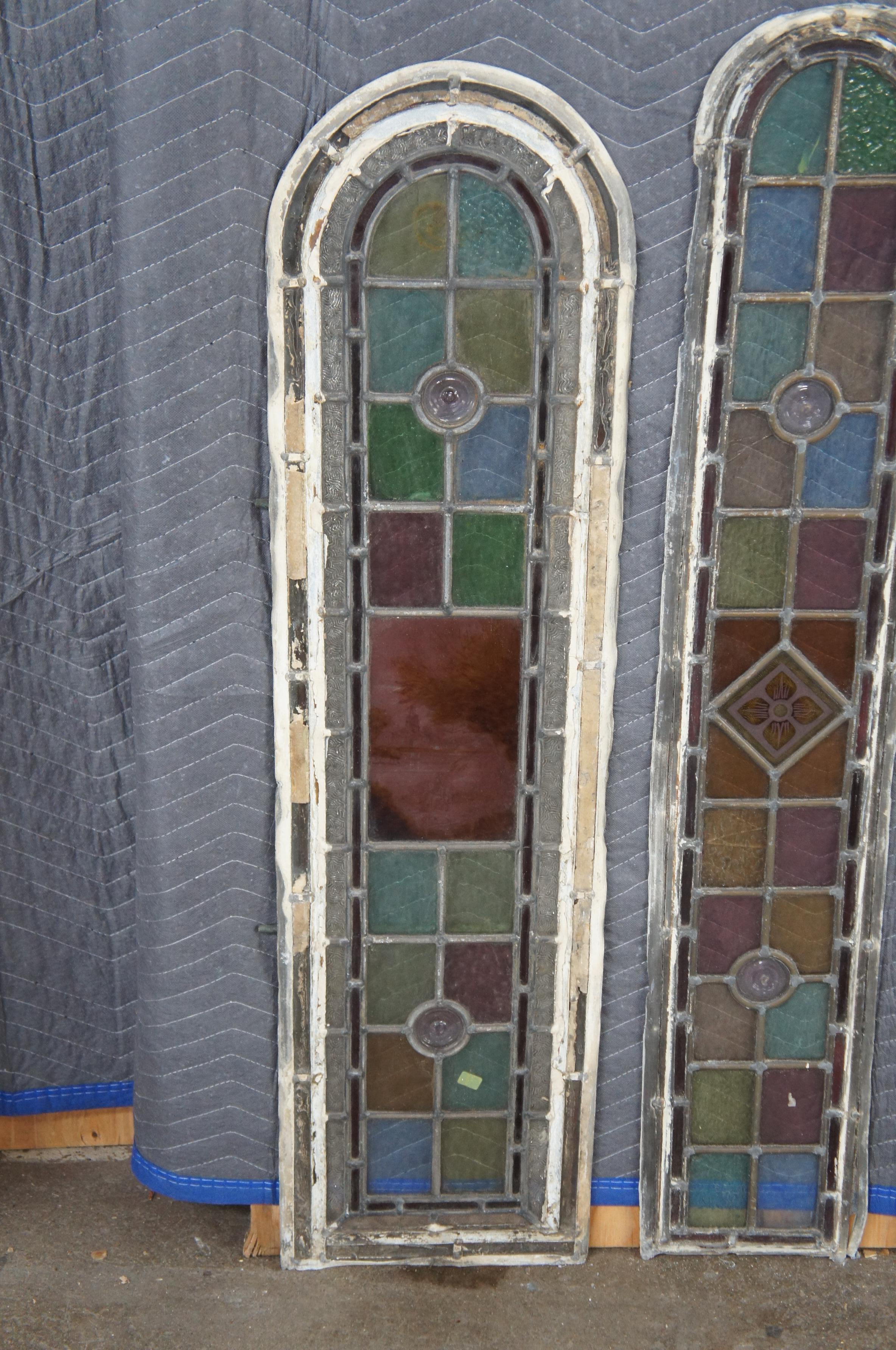 20th Century 4 Antique English Edwardian Era Hand Painted Arched Leaded Stained Glass Windows For Sale