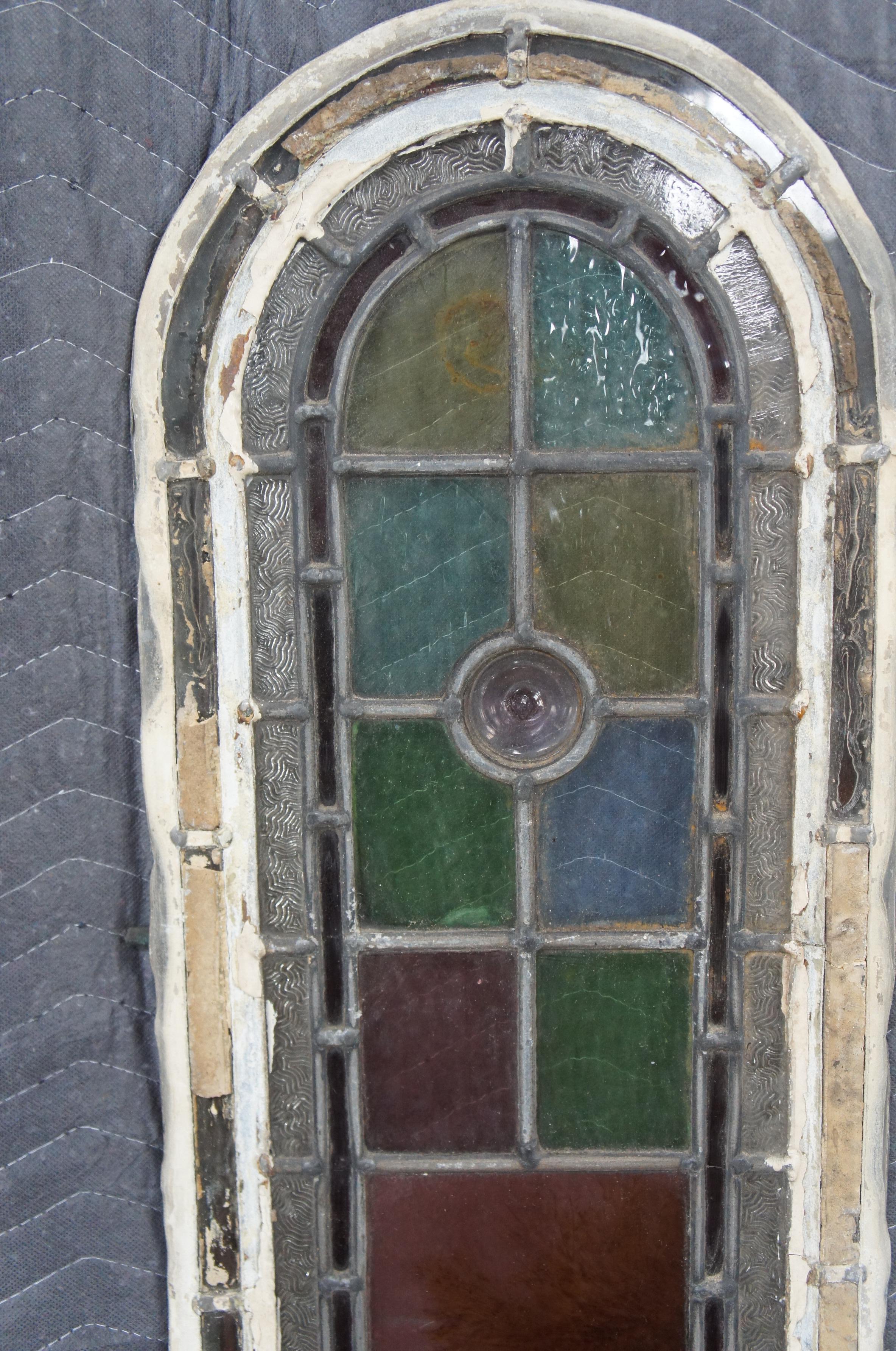 4 Antique English Edwardian Era Hand Painted Arched Leaded Stained Glass Windows For Sale 1
