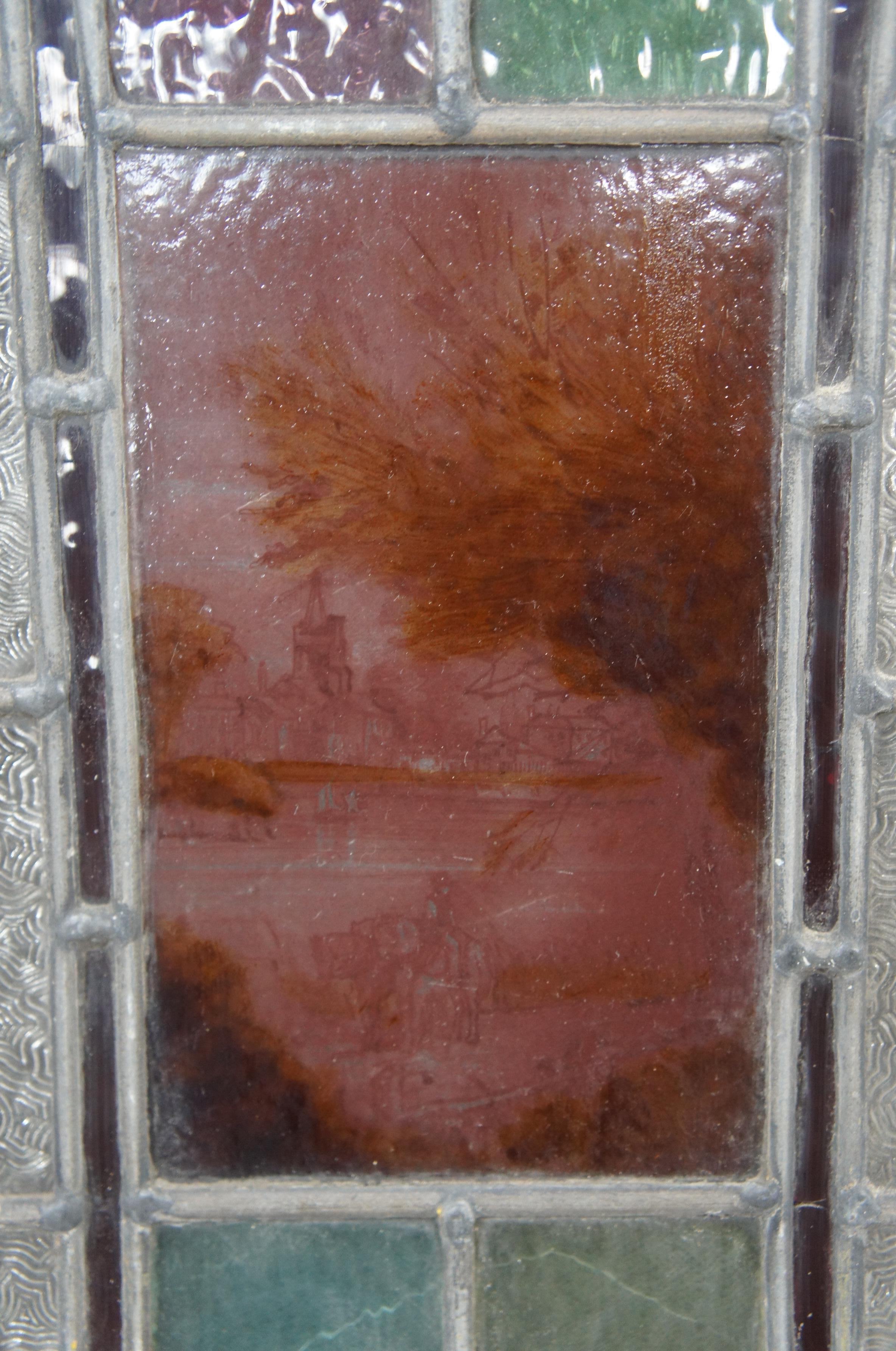 4 Antique English Edwardian Era Hand Painted Arched Leaded Stained Glass Windows For Sale 2