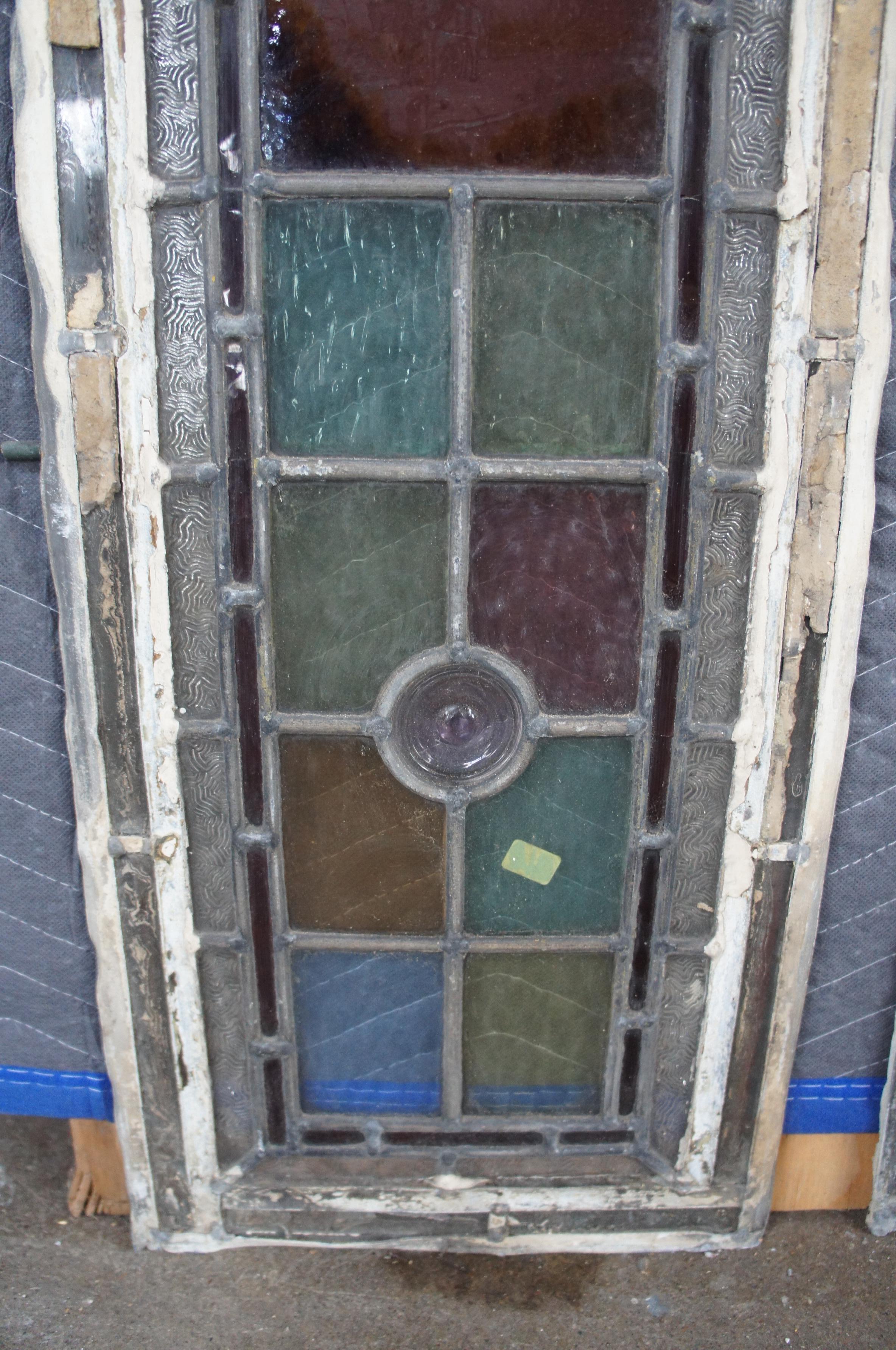 4 Antique English Edwardian Era Hand Painted Arched Leaded Stained Glass Windows For Sale 3