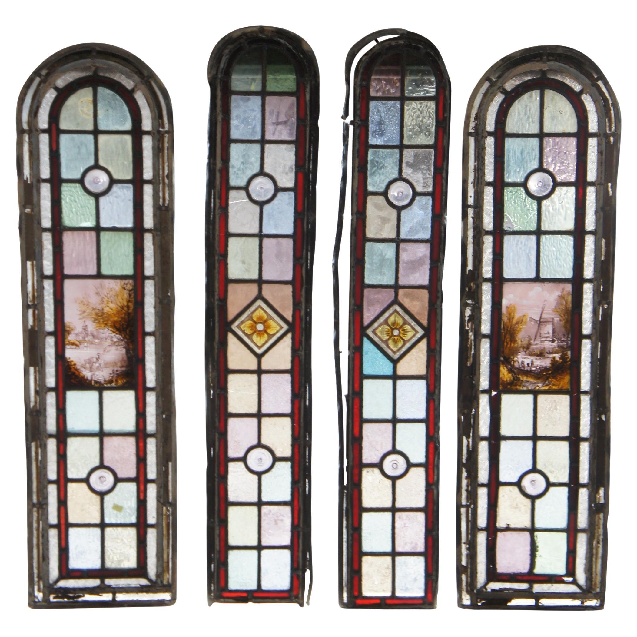 4 Antique English Edwardian Era Hand Painted Arched Leaded Stained Glass Windows For Sale