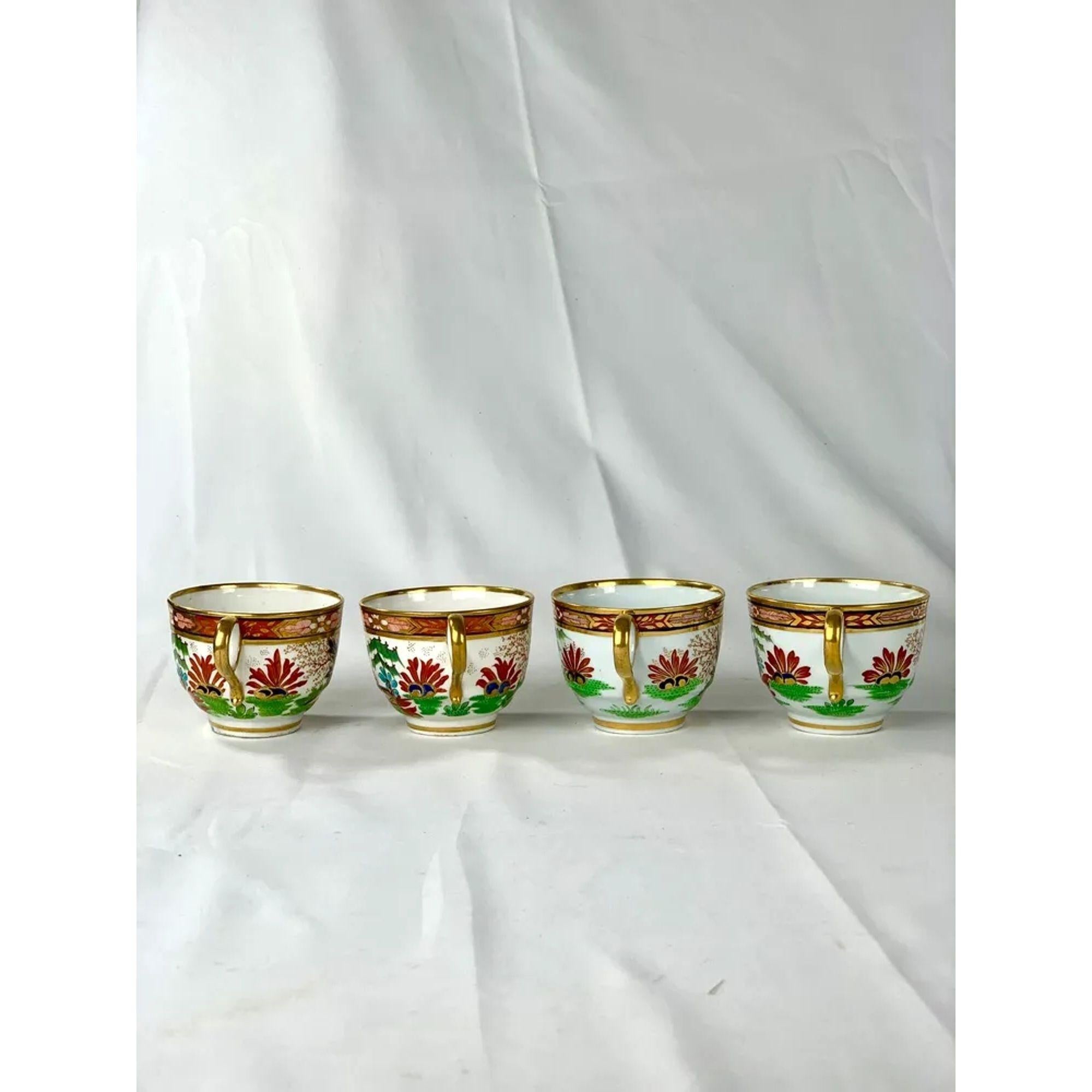 Chinoiserie 4 Antique Fence Pattern Worcester Porcelain Cups & Saucers Hand Painted ca.1810 For Sale