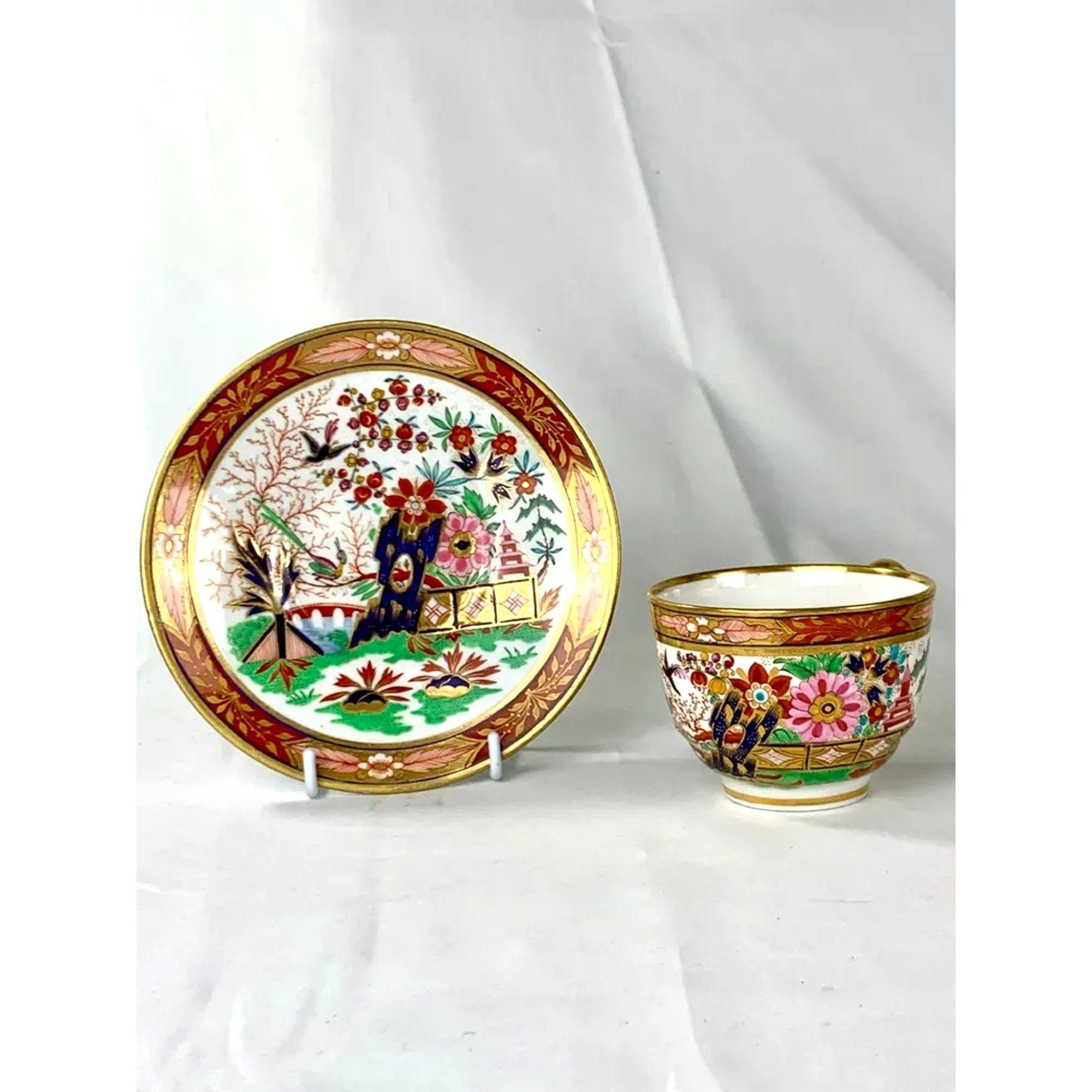 Hand-Painted 4 Antique Fence Pattern Worcester Porcelain Cups & Saucers Hand Painted ca.1810 For Sale