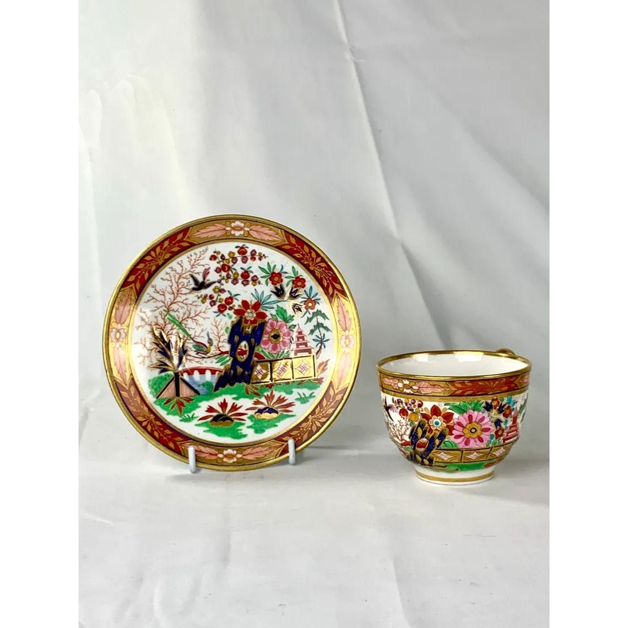 19th Century 4 Antique Fence Pattern Worcester Porcelain Cups & Saucers Hand Painted ca.1810 For Sale