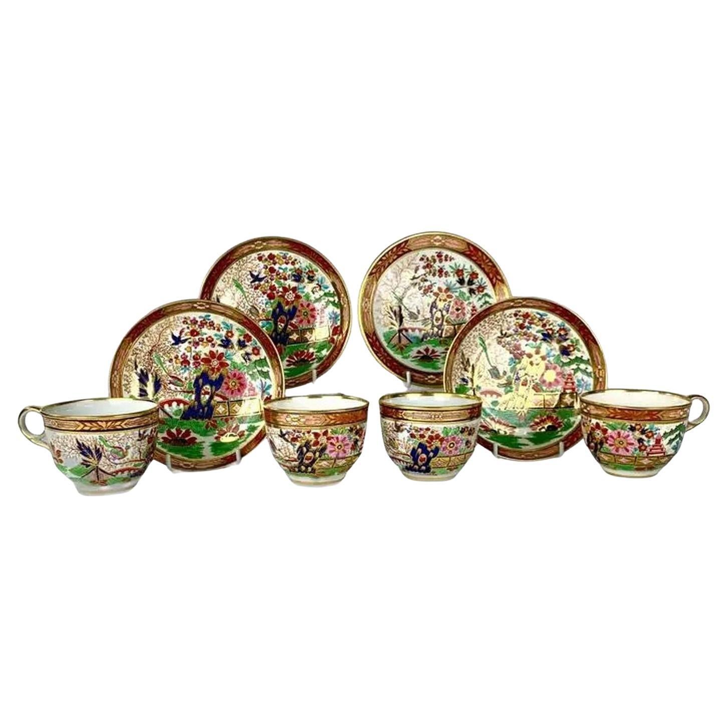 4 Antique Fence Pattern Worcester Porcelain Cups & Saucers Hand Painted ca.1810 For Sale
