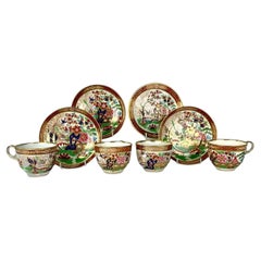 4 Antique Fence Pattern Worcester Porcelain Cups & Saucers Hand Painted ca.1810