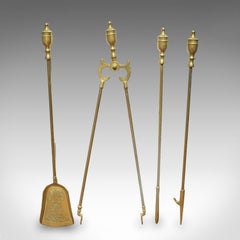 4 Antique Fireside Tools, English, Brass, Fireplace Companion Set, Victorian