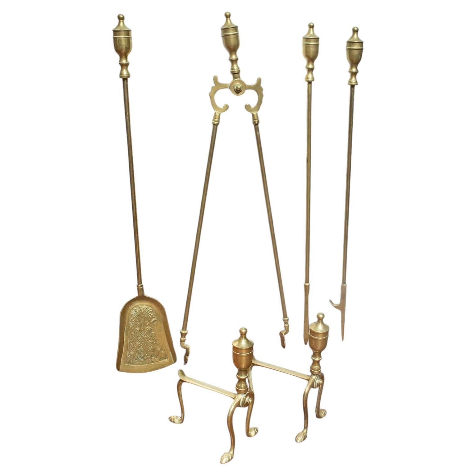4 Antique Fireside Tools, English, Brass, Fireplace Companion Set, Victorian