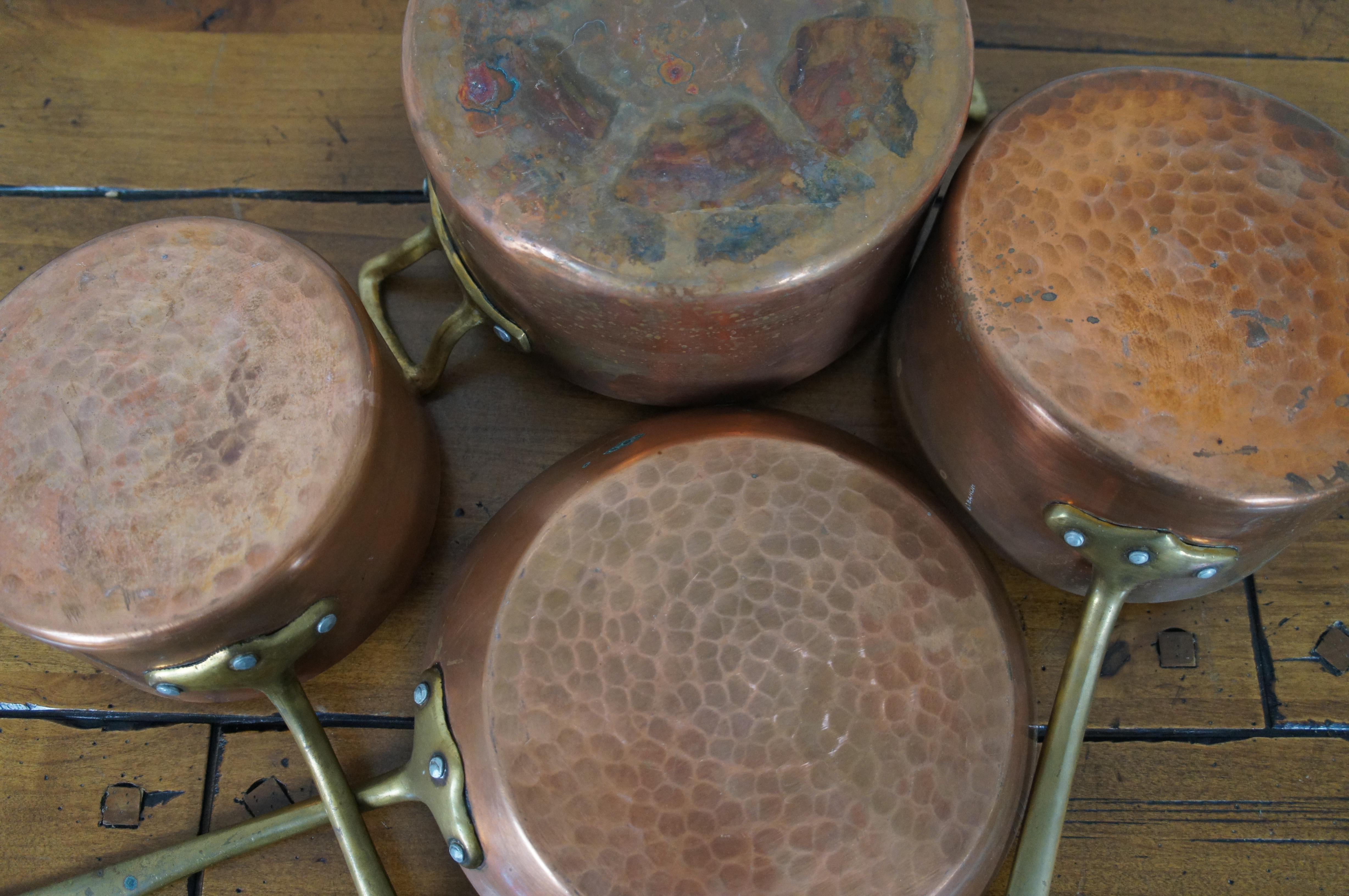 4 Antique French Banon Copper Brass Pots & Lids Skillet Saute Pan Boiler For Sale 4