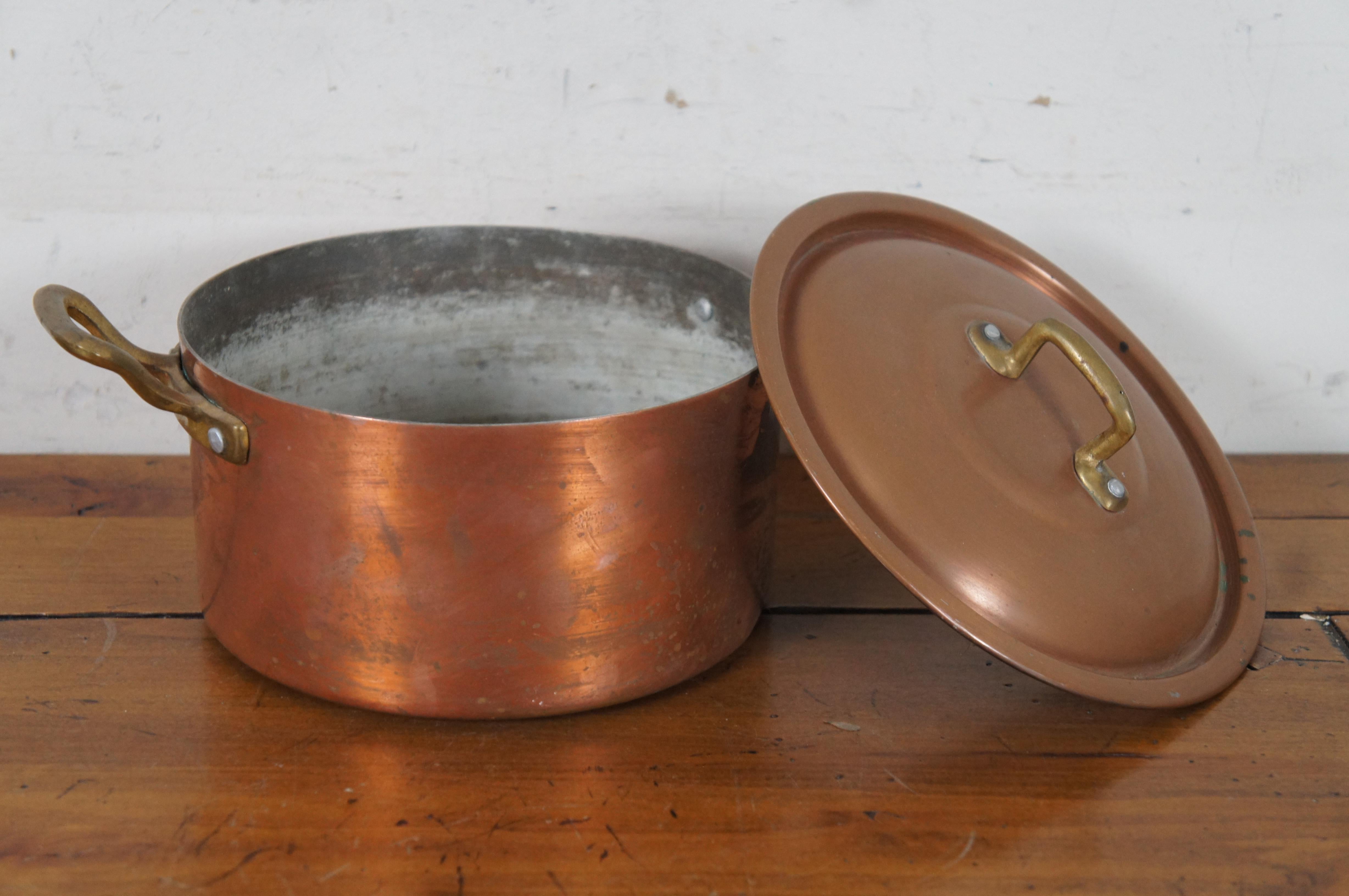 French Provincial 4 Antique French Banon Copper Brass Pots & Lids Skillet Saute Pan Boiler For Sale
