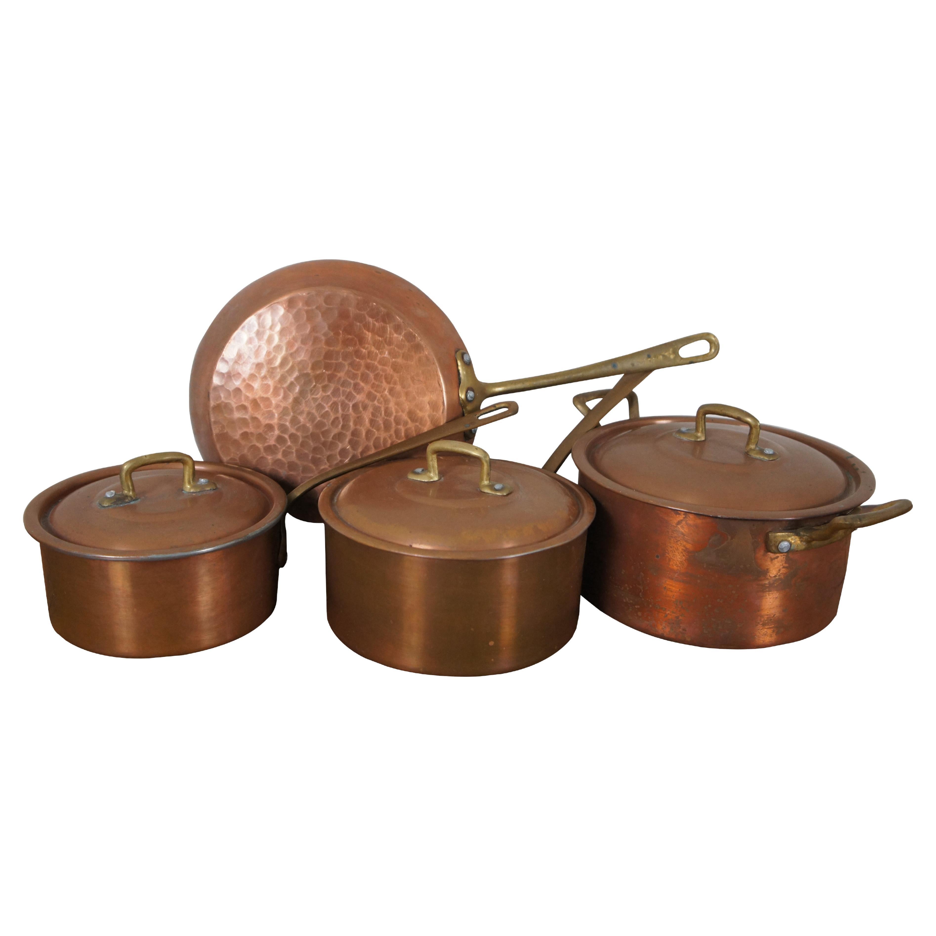 4 Antique French Banon Copper Brass Pots & Lids Skillet Saute Pan Boiler