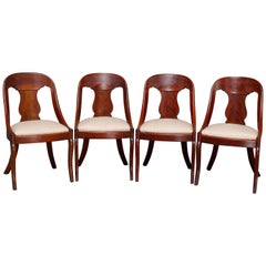 4 Antique French Empire Carved Flame Mahogany Gondola Chairs, circa 1840