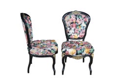 4 Antique French Louis XV Style Ebonized Dining Chairs Boussac Fabric Ormolu