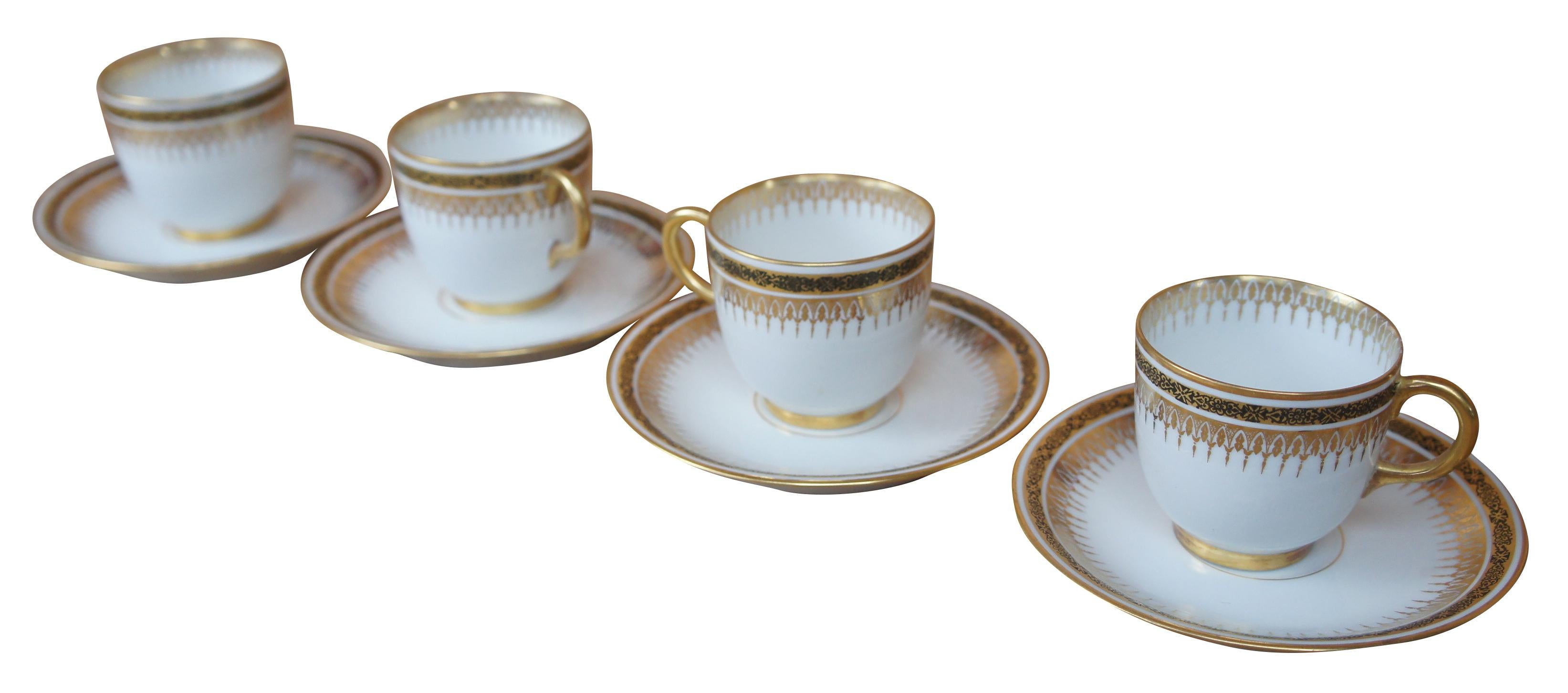 French Provincial 4 Antique French Pouyat Limoges Ivory Gold Demitasse Tea Coffee Cups Saucers