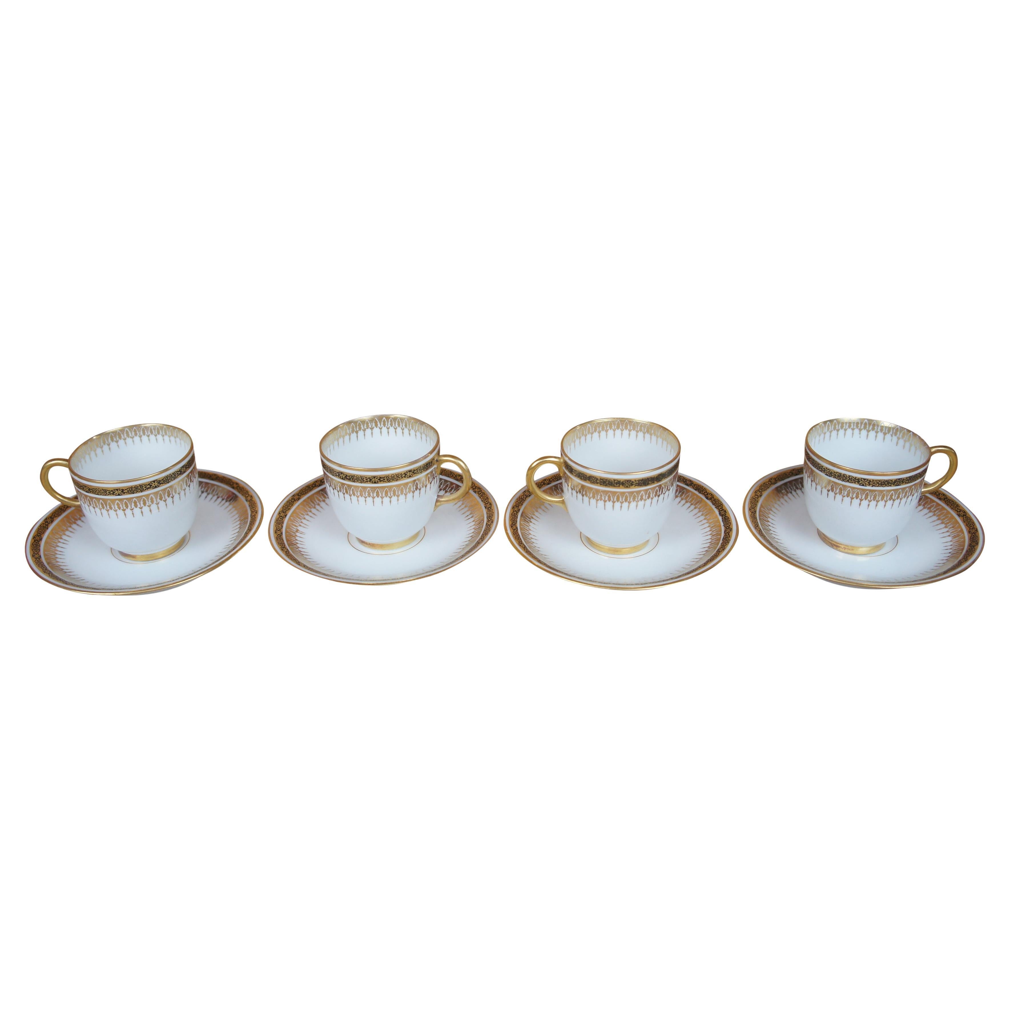 4 Antique French Pouyat Limoges Ivory Gold Demitasse Tea Coffee Cups Saucers