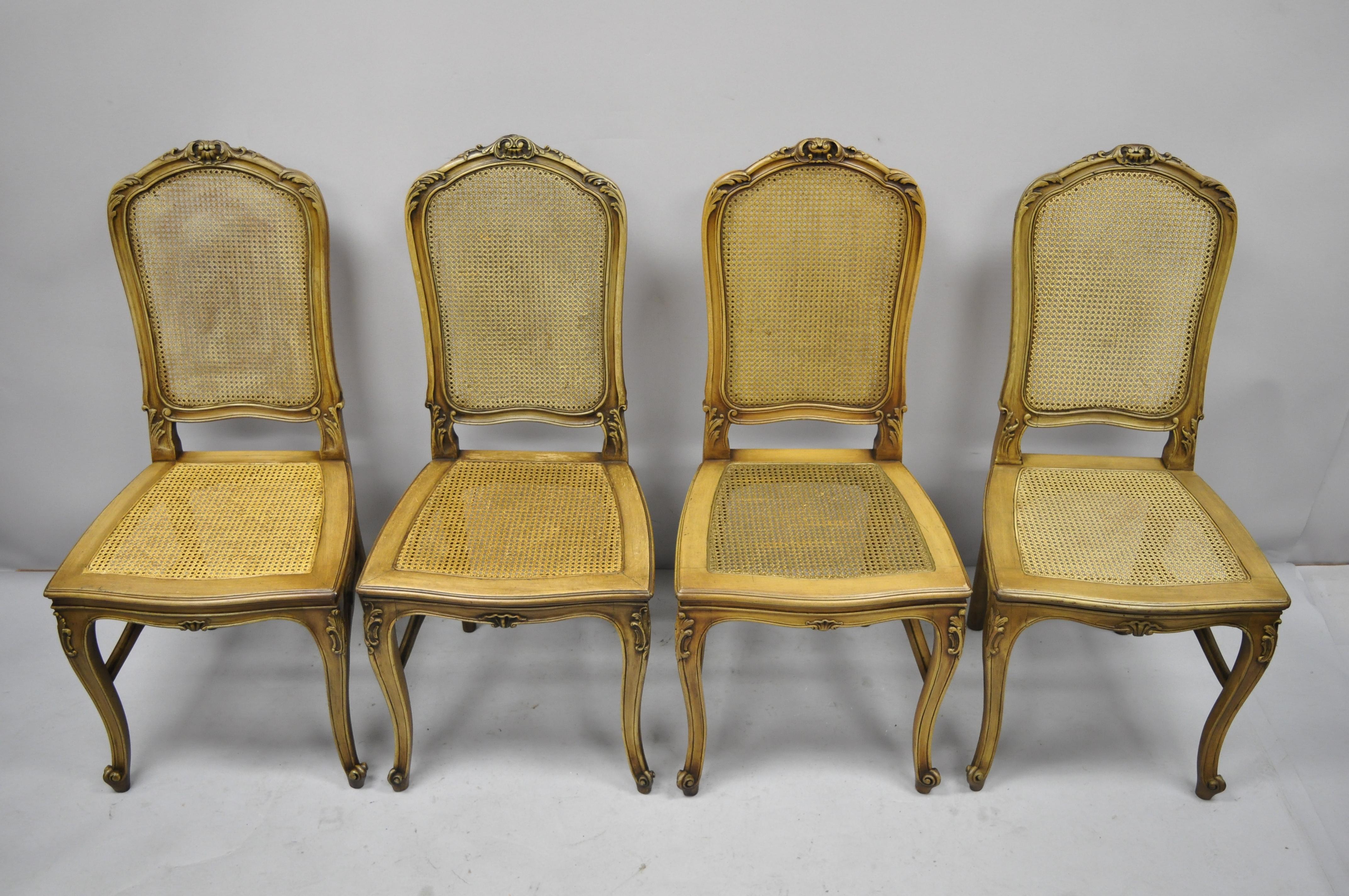 4 Antique French Provincial Louis XV Style Carved Walnut and Cane Dining Chairs 8
