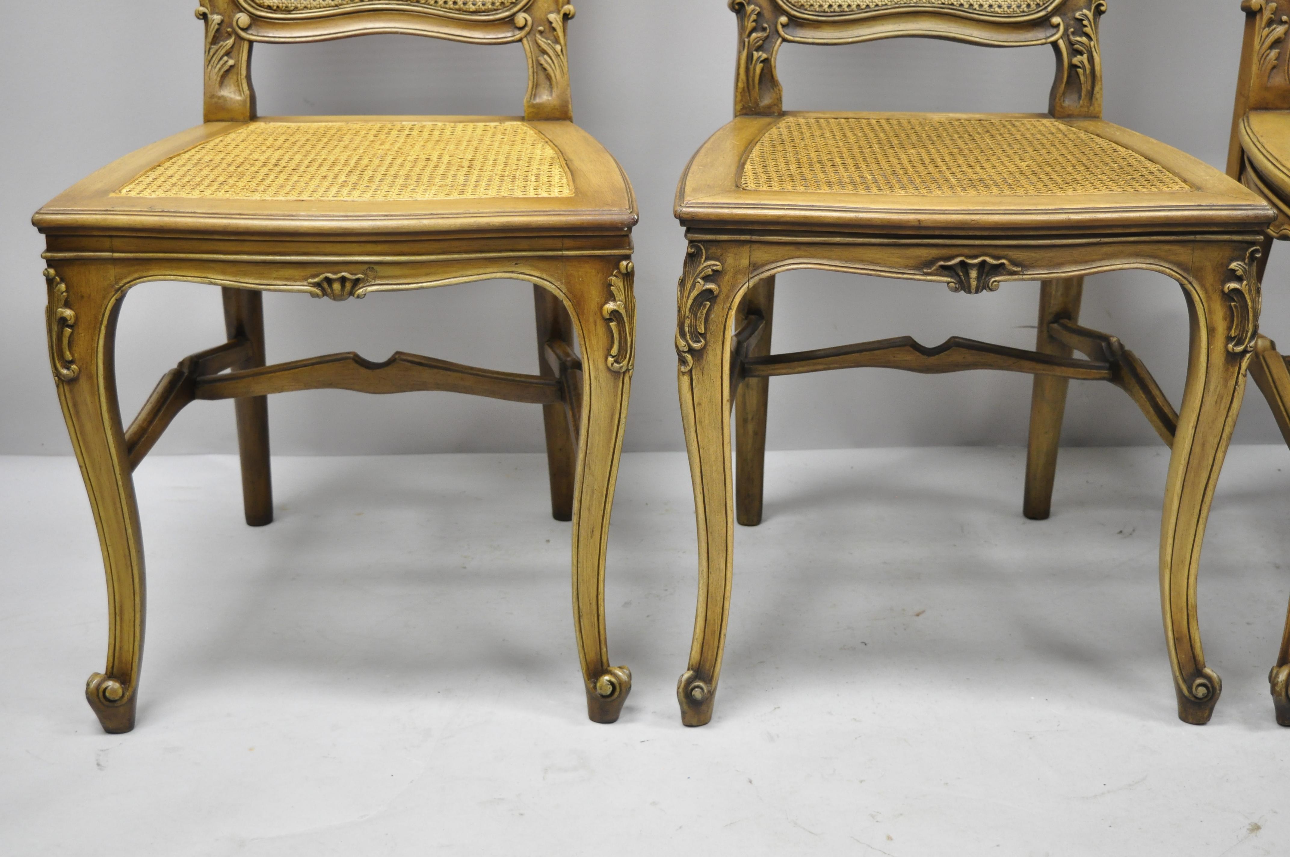 20th Century 4 Antique French Provincial Louis XV Style Carved Walnut and Cane Dining Chairs