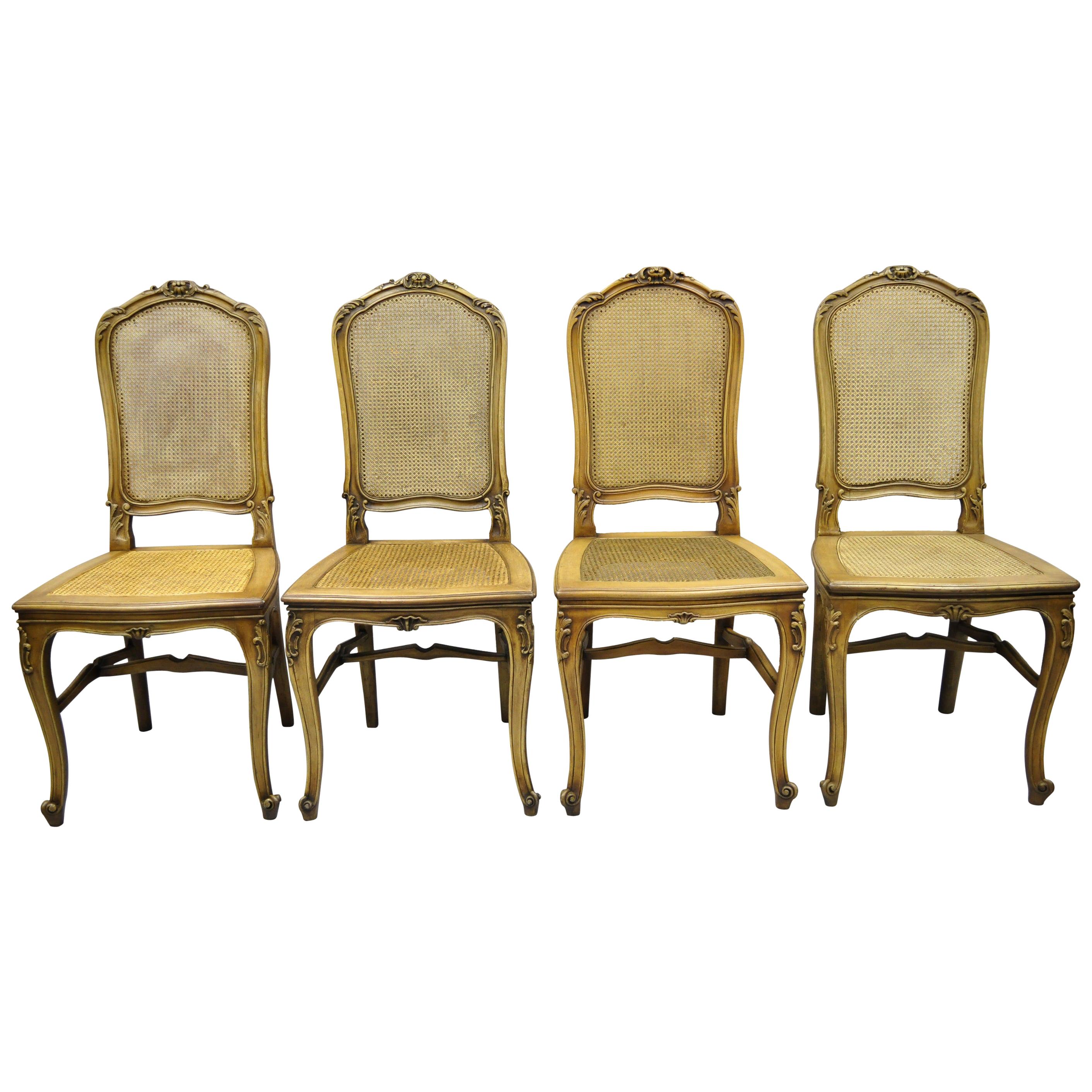 4 Antique French Provincial Louis XV Style Carved Walnut and Cane Dining Chairs