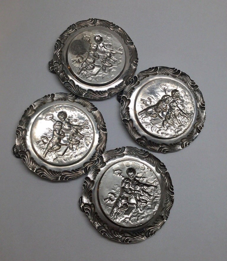 Sterling Silver 4 Antique Germany 800 Silver Cherub Putti Round Ashtrays For Sale