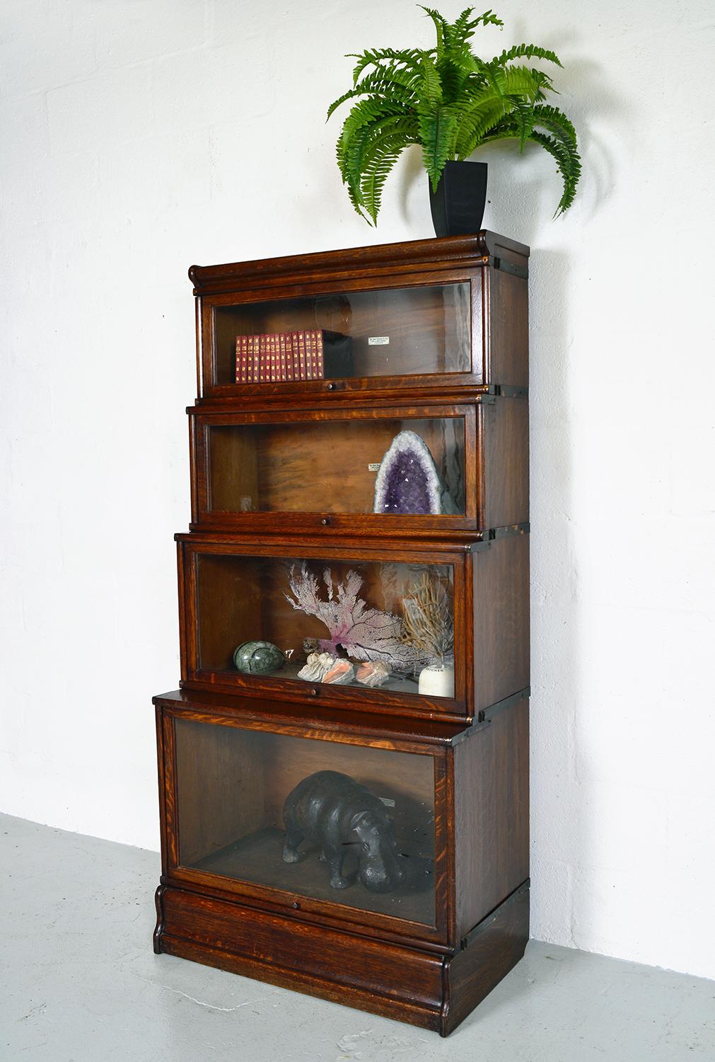 20th Century 4 Antique Globe Wernicke Oak Glass Stacking Library Barrister Modular Bookcase