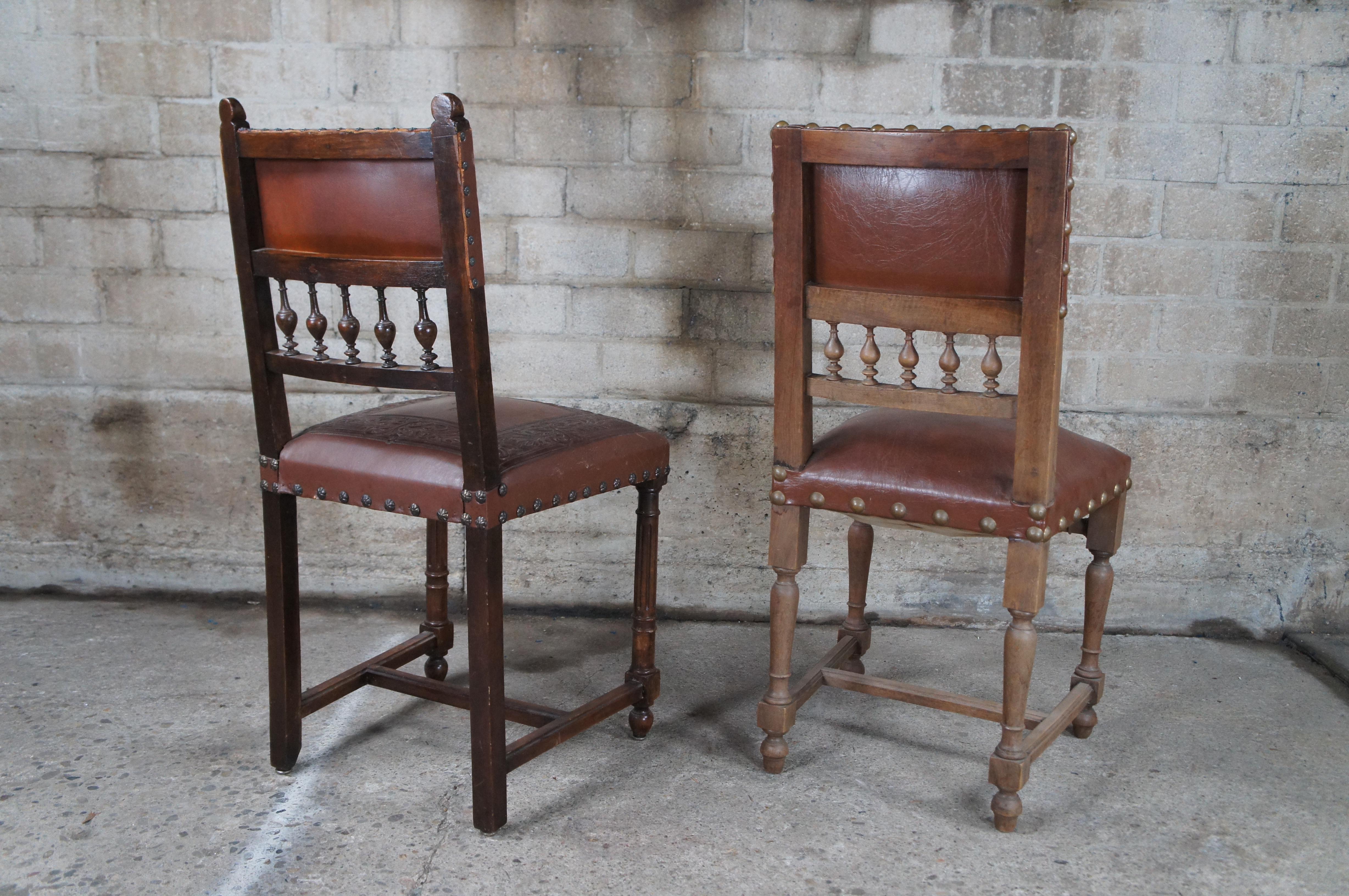 4 Antique Henry II Style Carved Dining Side Chairs Tooled Leather Upholstery For Sale 5