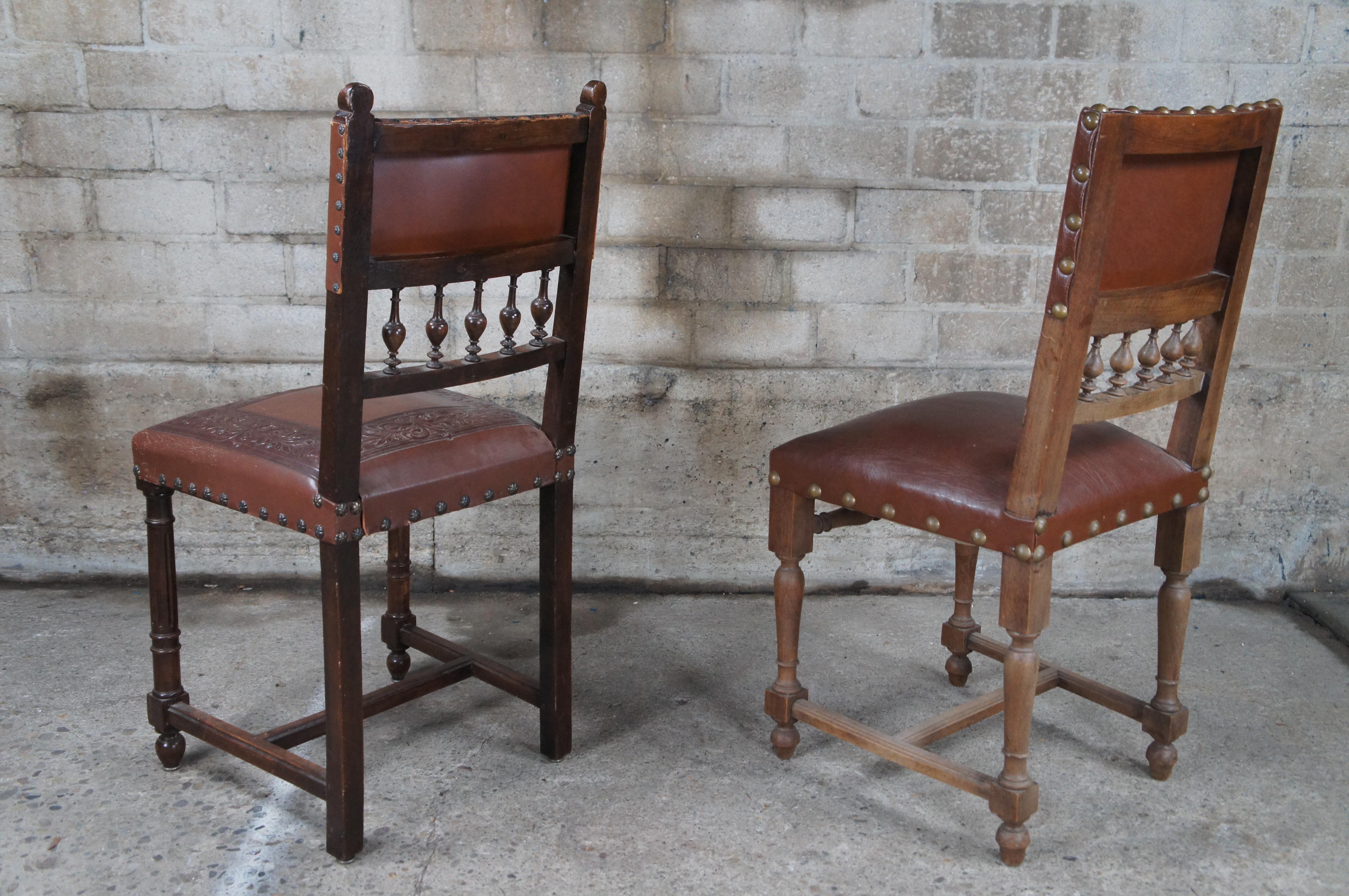 4 Antique Henry II Style Carved Dining Side Chairs Tooled Leather Upholstery For Sale 6