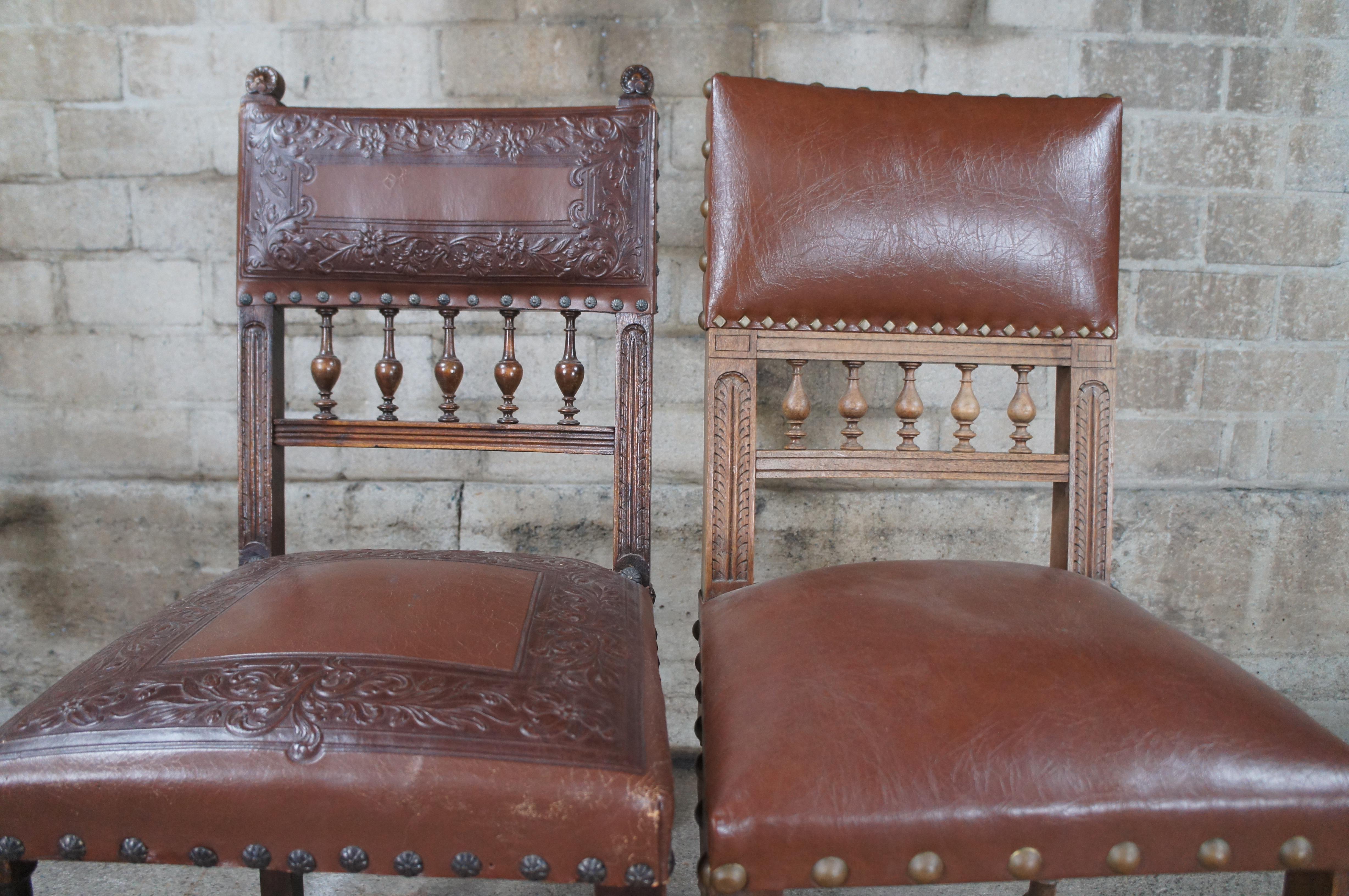 4 Antique Henry II Style Carved Dining Side Chairs Tooled Leather Upholstery For Sale 7