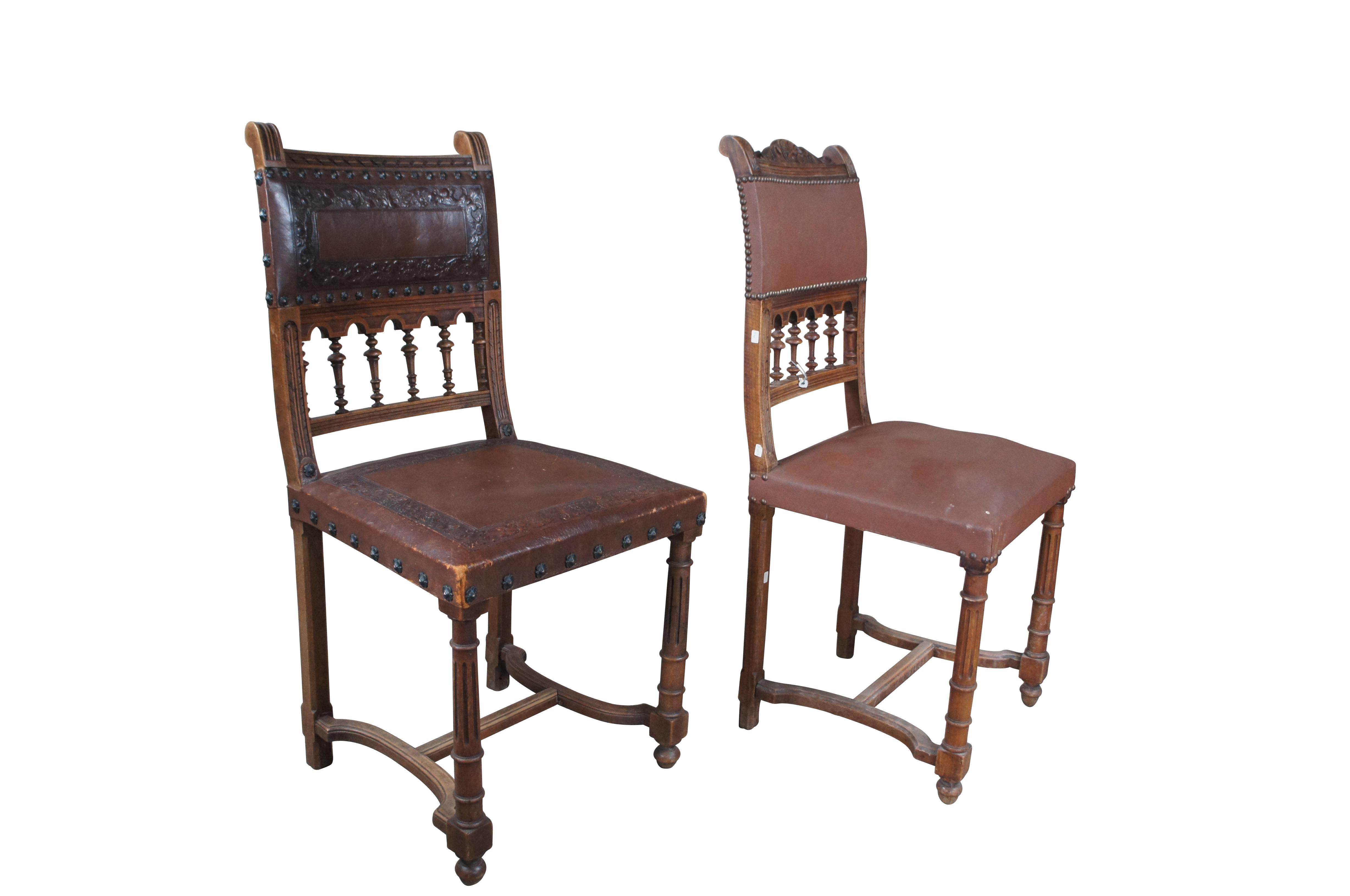 Renaissance 4 Antique Henry II Style Carved Dining Side Chairs Tooled Leather Upholstery For Sale