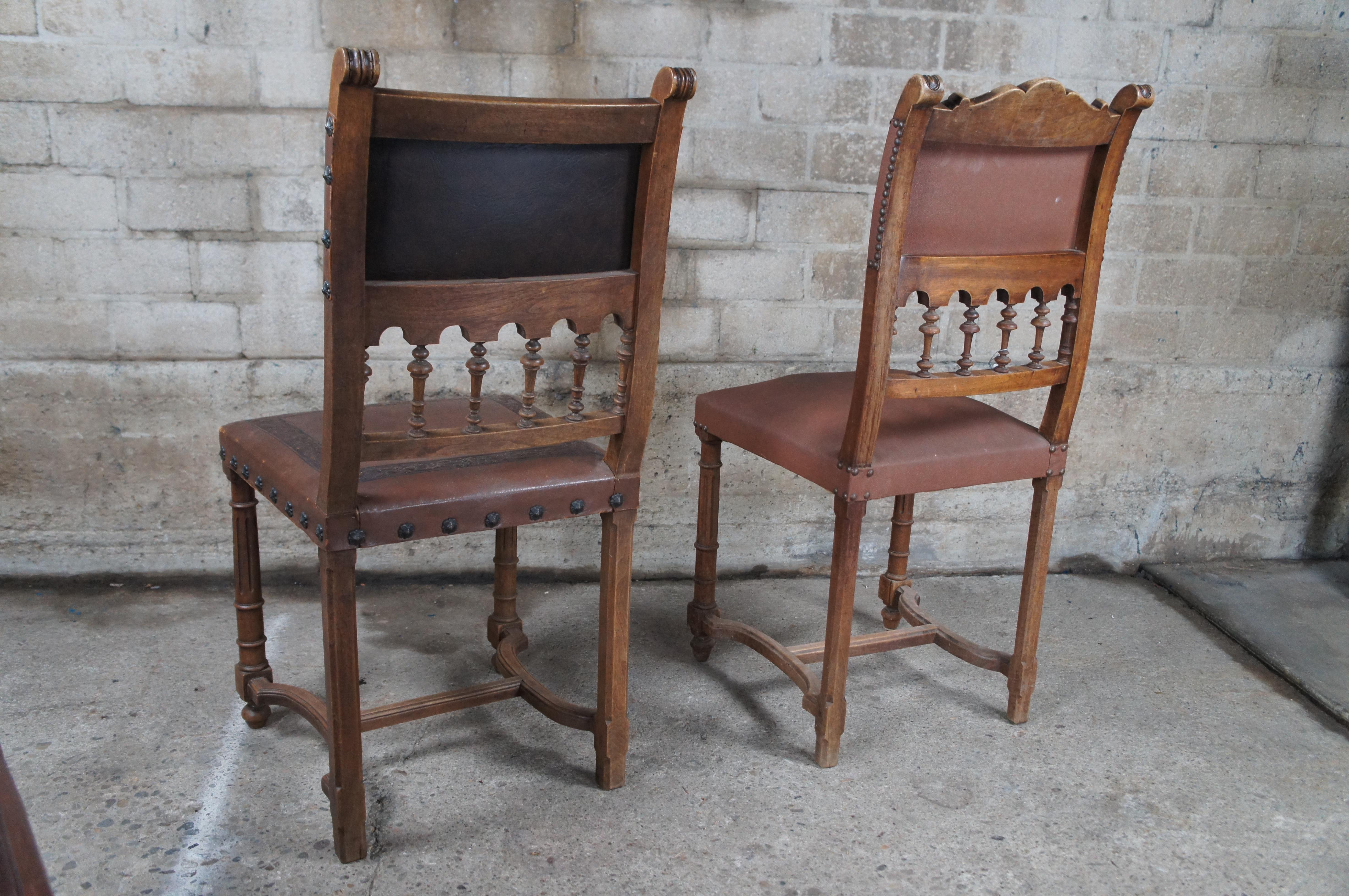 4 Antique Henry II Style Carved Dining Side Chairs Tooled Leather Upholstery In Good Condition For Sale In Dayton, OH