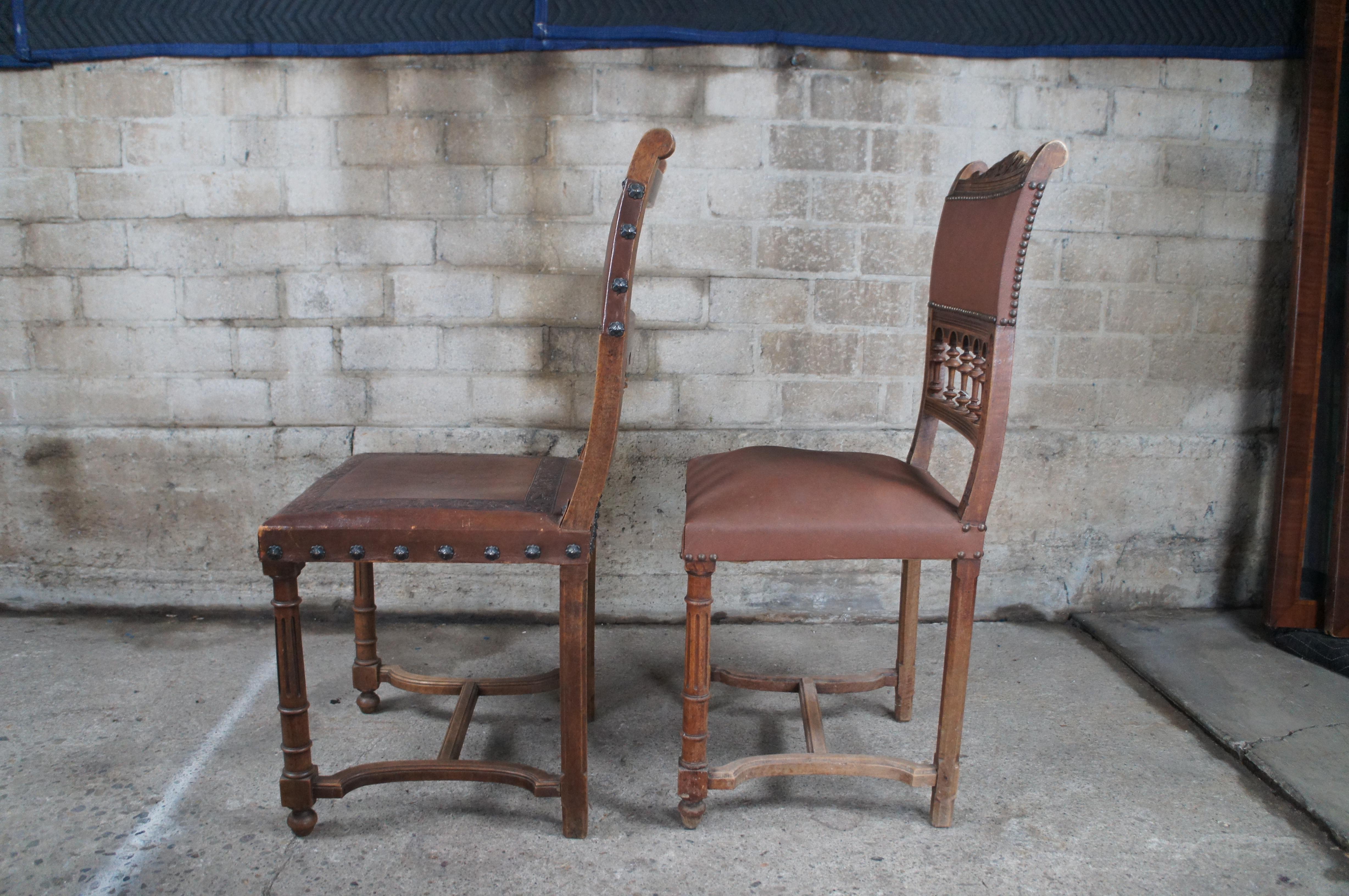 20th Century 4 Antique Henry II Style Carved Dining Side Chairs Tooled Leather Upholstery For Sale