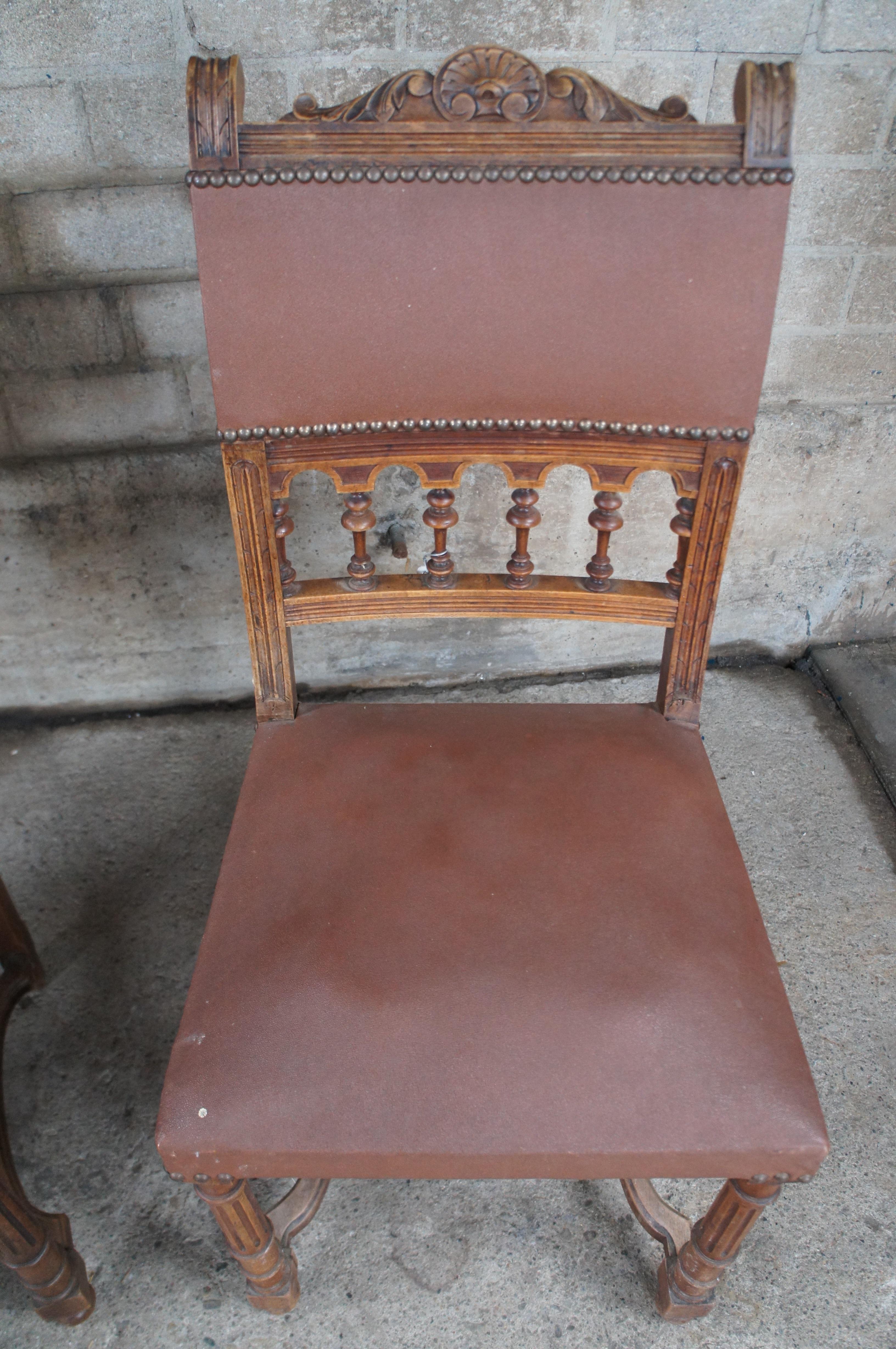 4 Antique Henry II Style Carved Dining Side Chairs Tooled Leather Upholstery For Sale 2