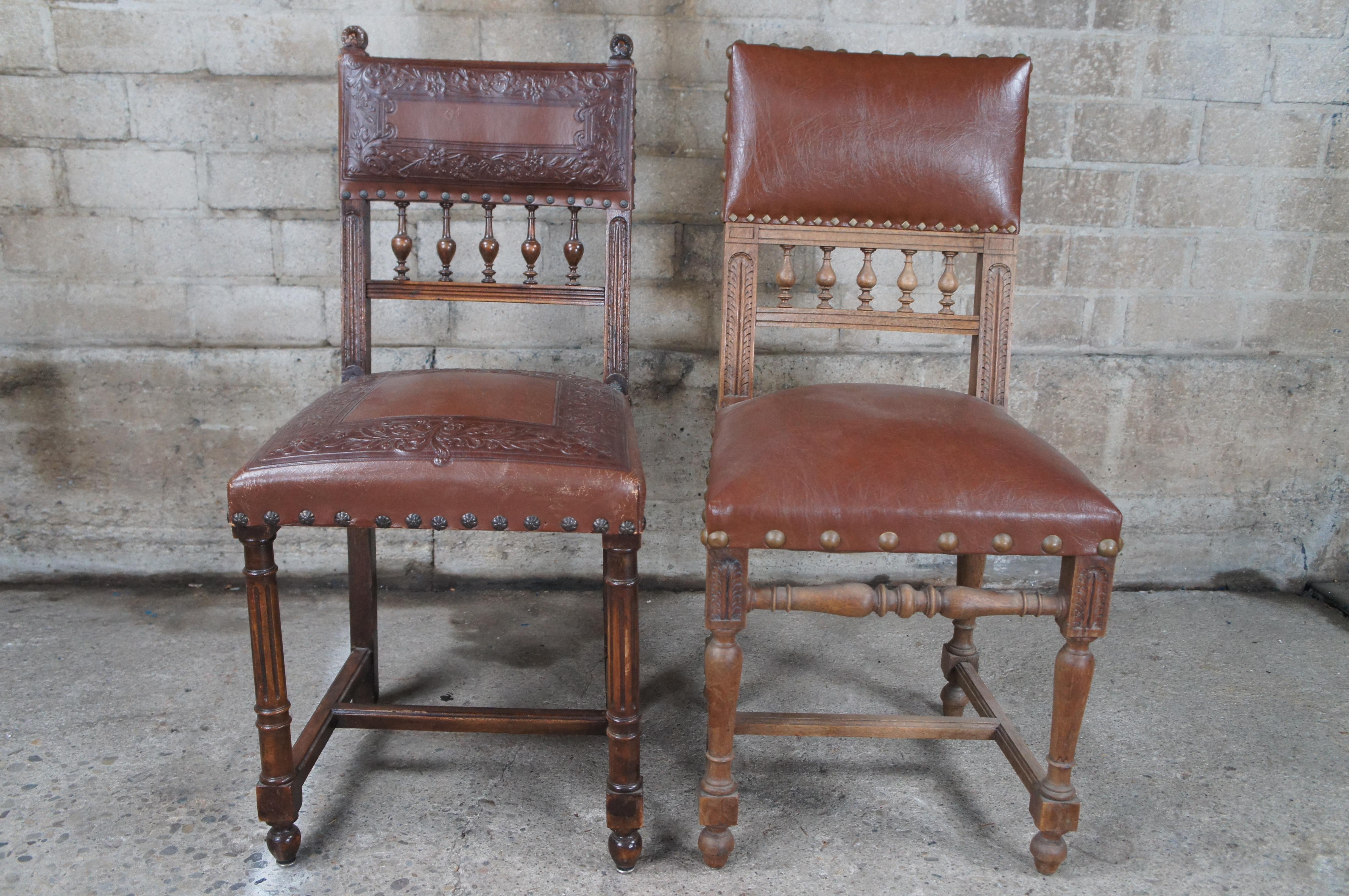 4 Antique Henry II Style Carved Dining Side Chairs Tooled Leather Upholstery For Sale 3