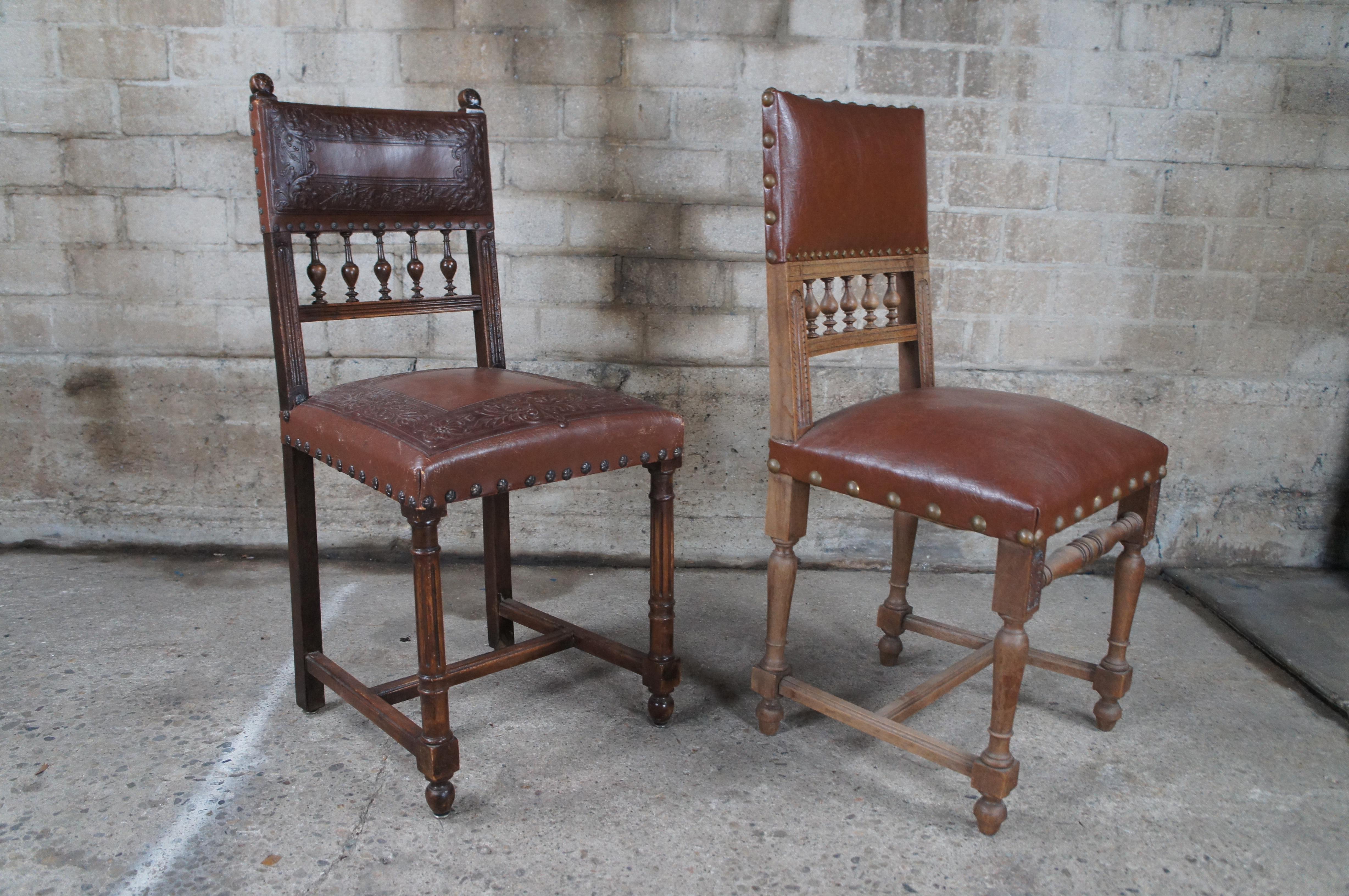 4 Antique Henry II Style Carved Dining Side Chairs Tooled Leather Upholstery For Sale 4